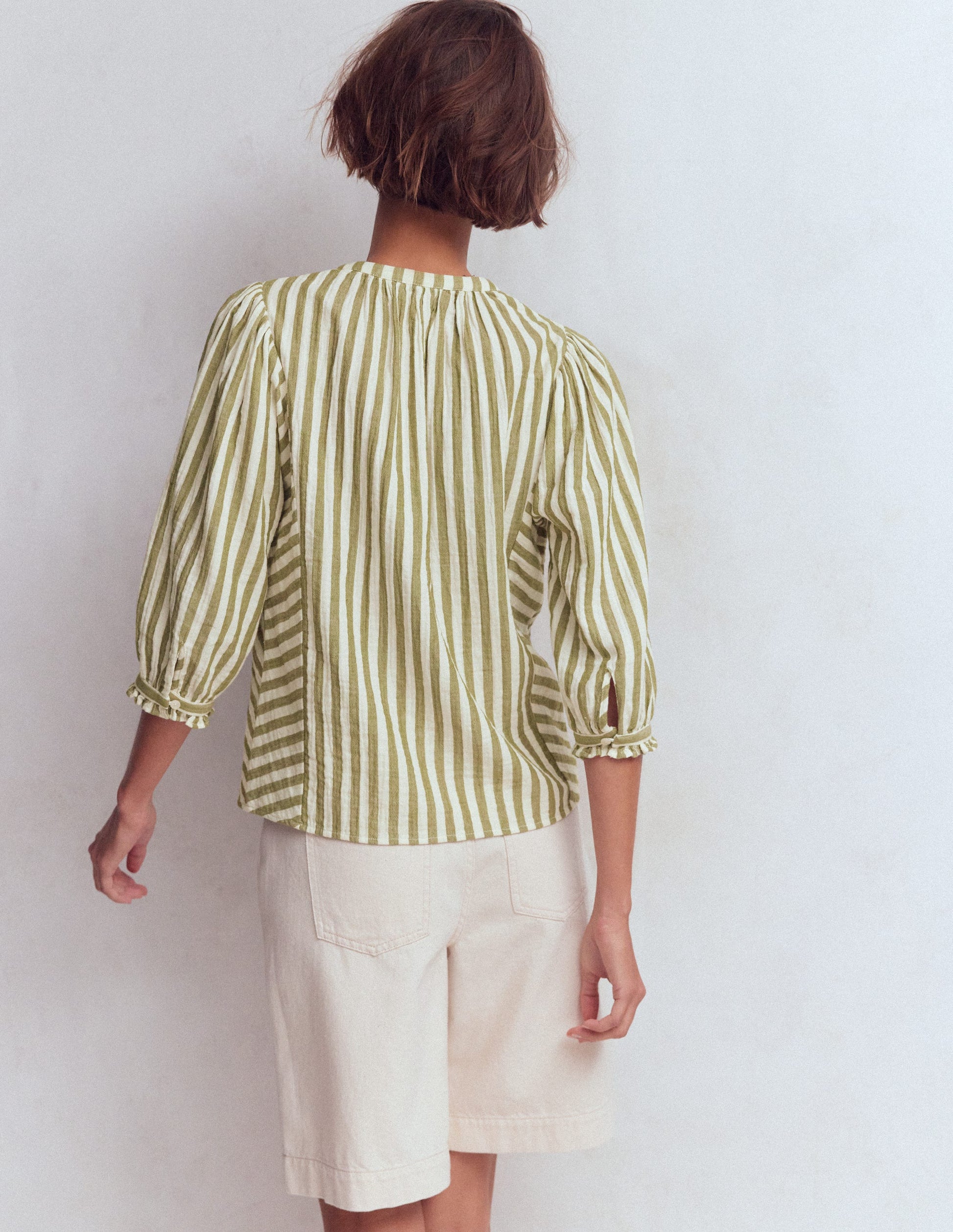Camille Double Cloth Top-Olive, Ivory Fine Stripe-3