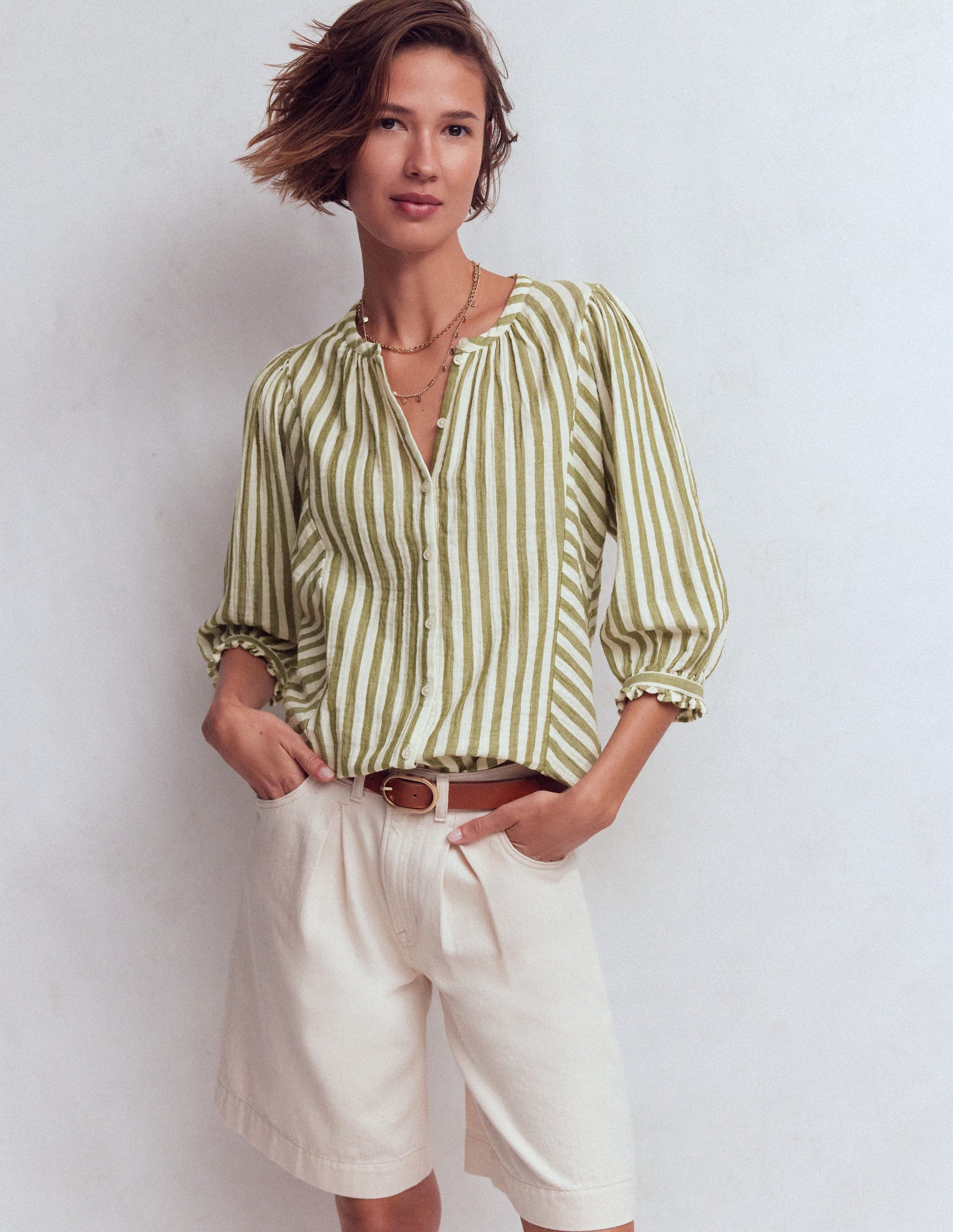 Camille Double Cloth Top-Olive, Ivory Fine Stripe-4