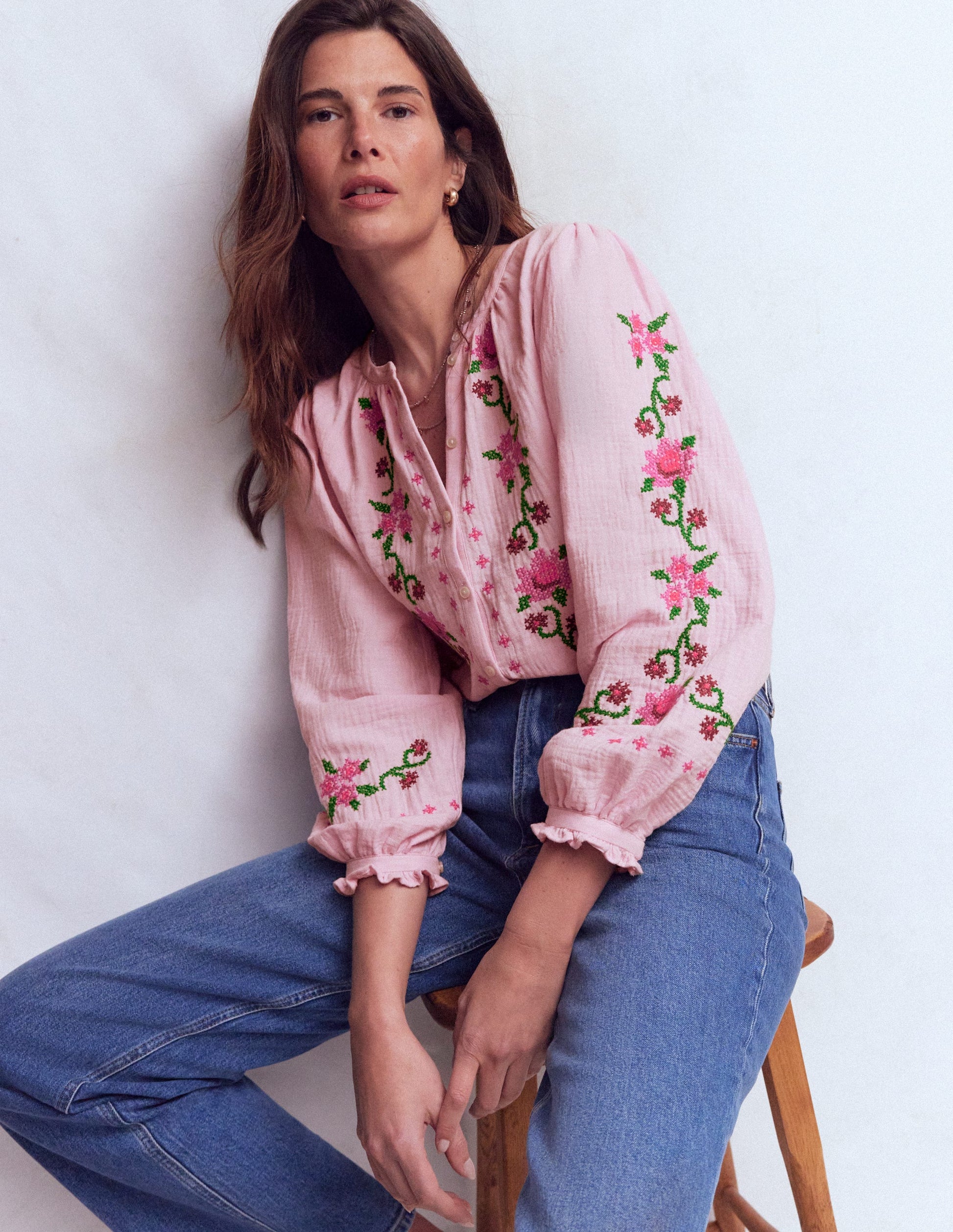 Camille Double Cloth Top-Spring Blossom Pink Embroidery-2