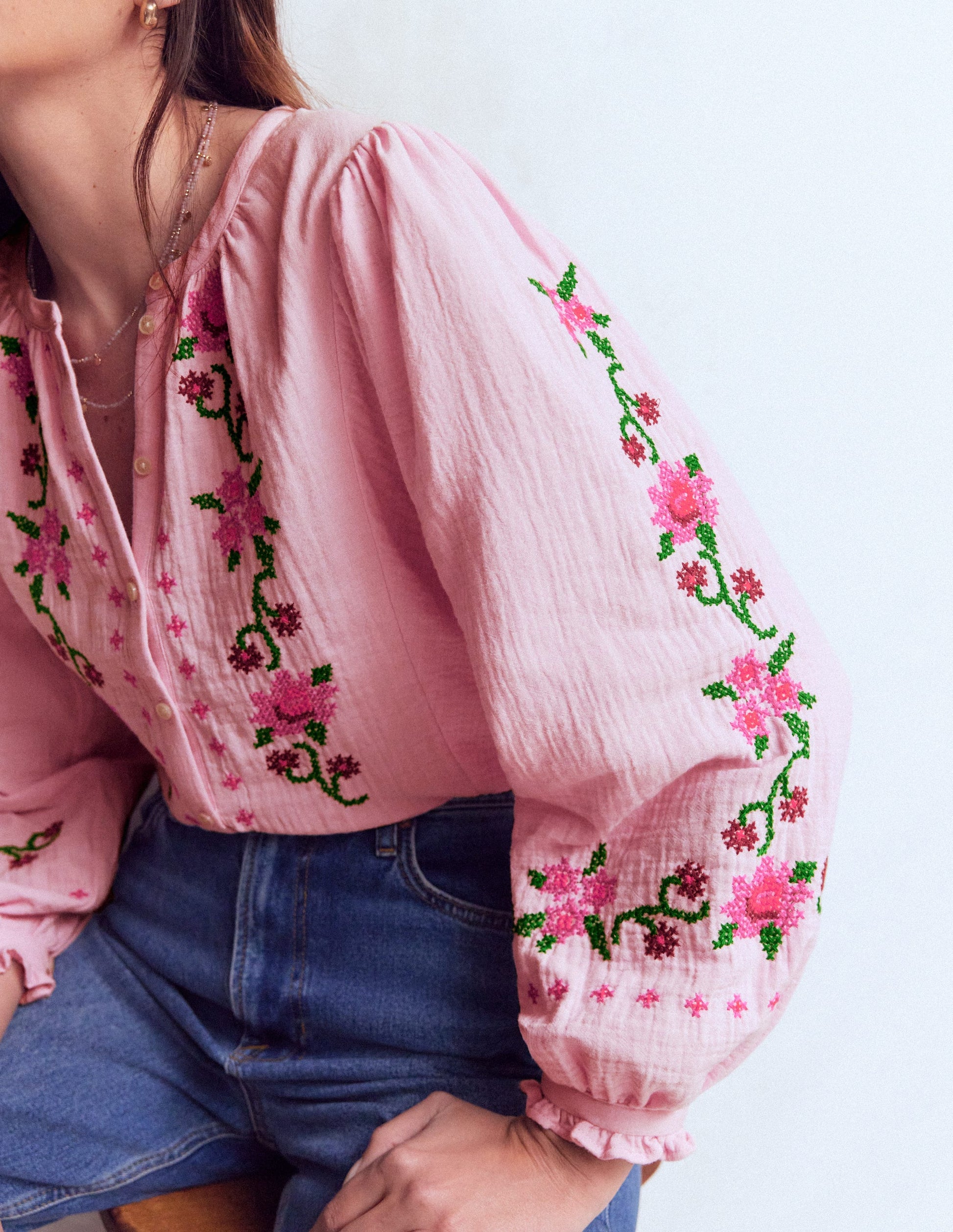 Camille Double Cloth Top-Spring Blossom Pink Embroidery-3