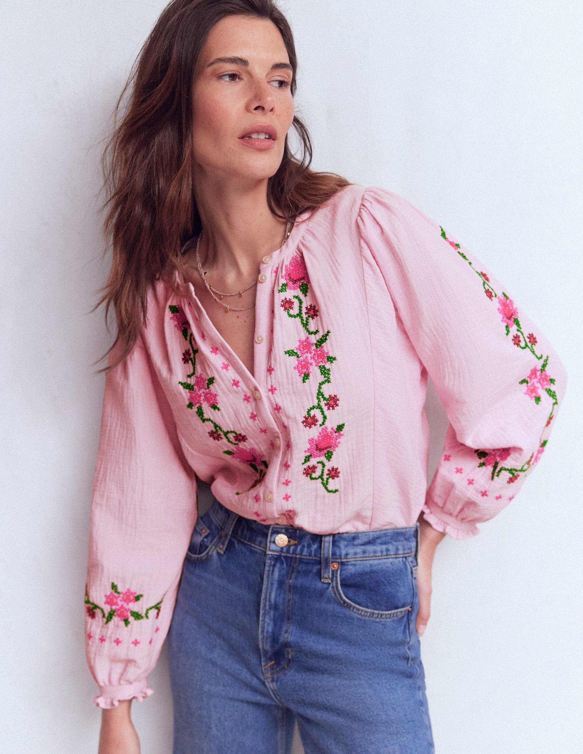 Camille Double Cloth Top-Spring Blossom Pink Embroidery-5