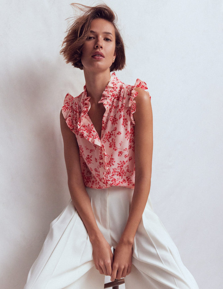 Isabel Sleeveless Silk Top-Pink, Bloom Scatter Mono
