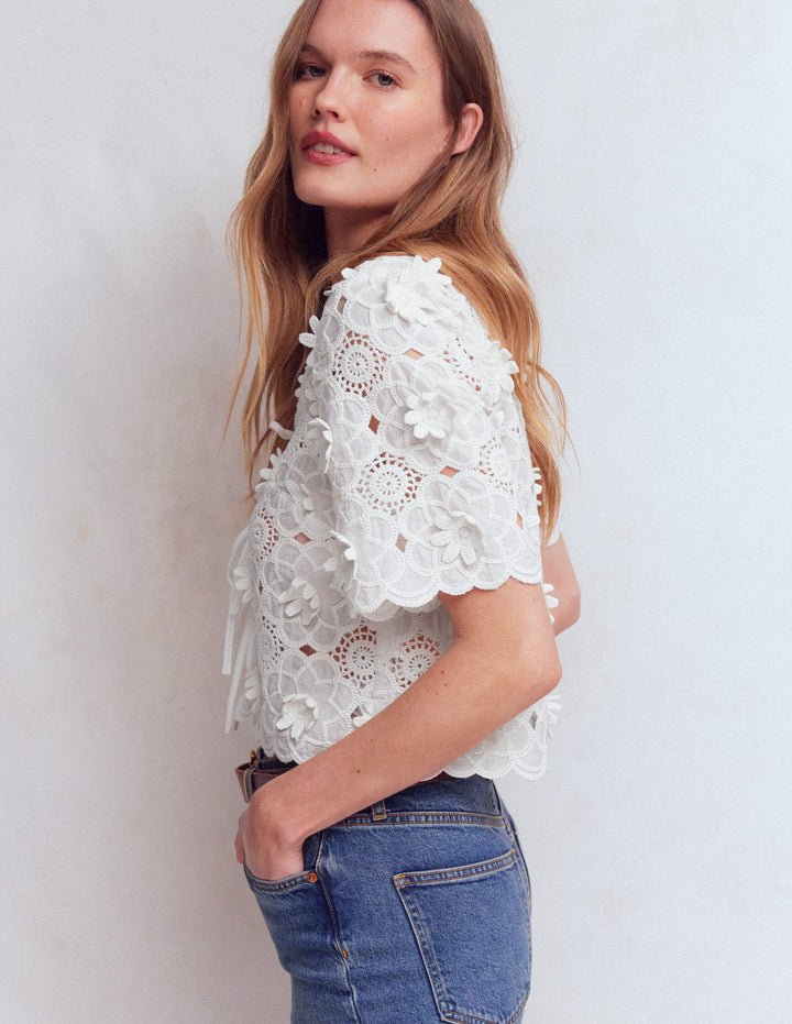 Tie Front Lace Top-White