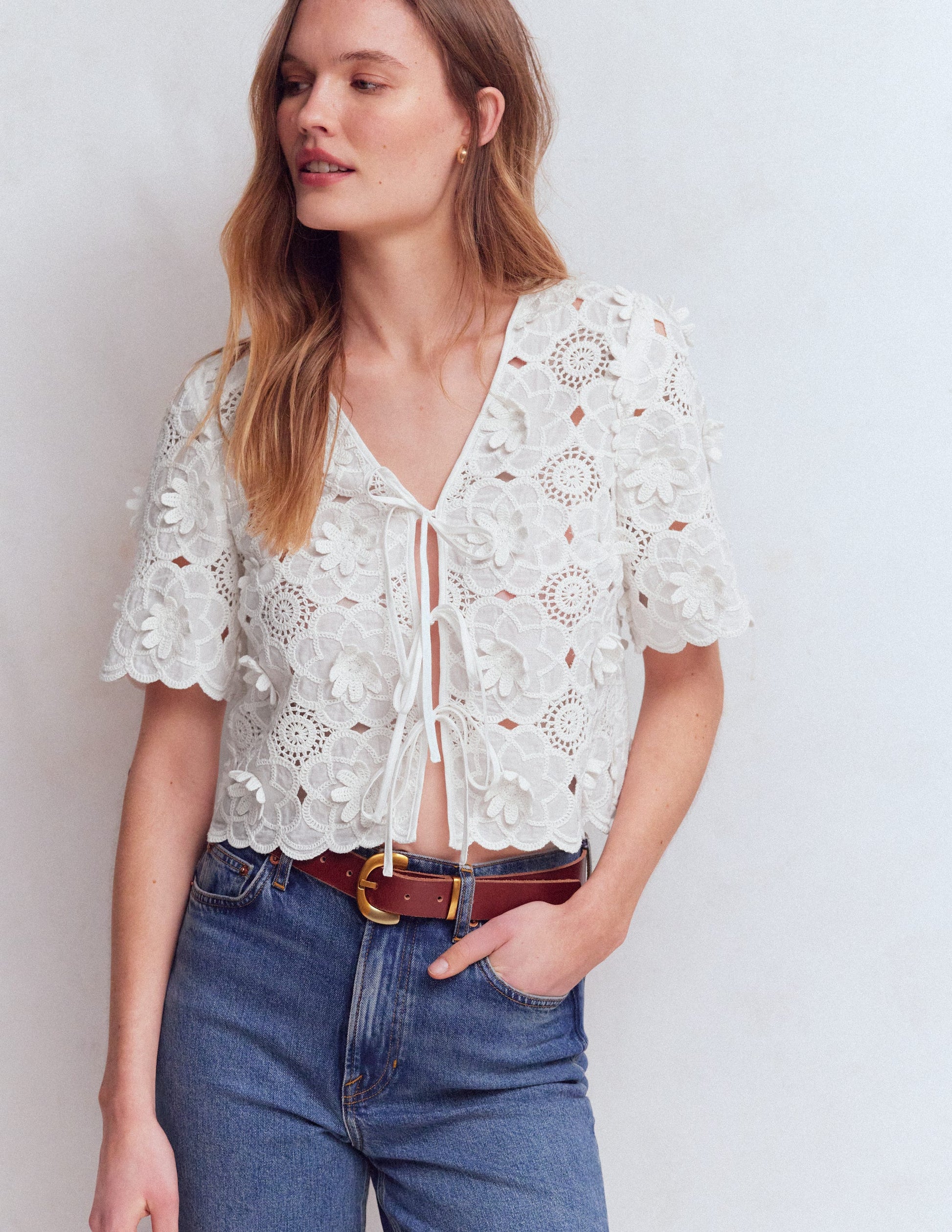 Tie Front Lace Top-White-8