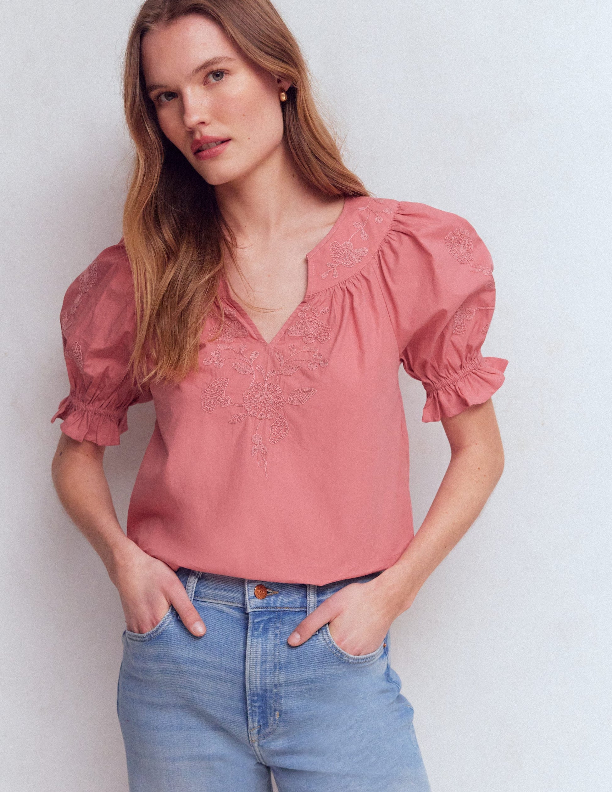 Cotton Embroidered Yoke Top-Vintage Rose Embroidered-6