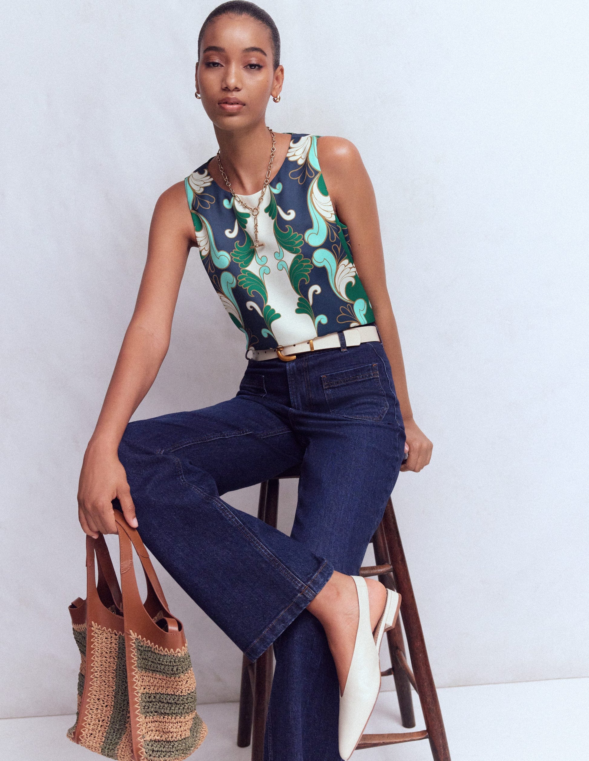 Relaxed Sleeveless Shell Top-Ivory, Foliage Whirl-5