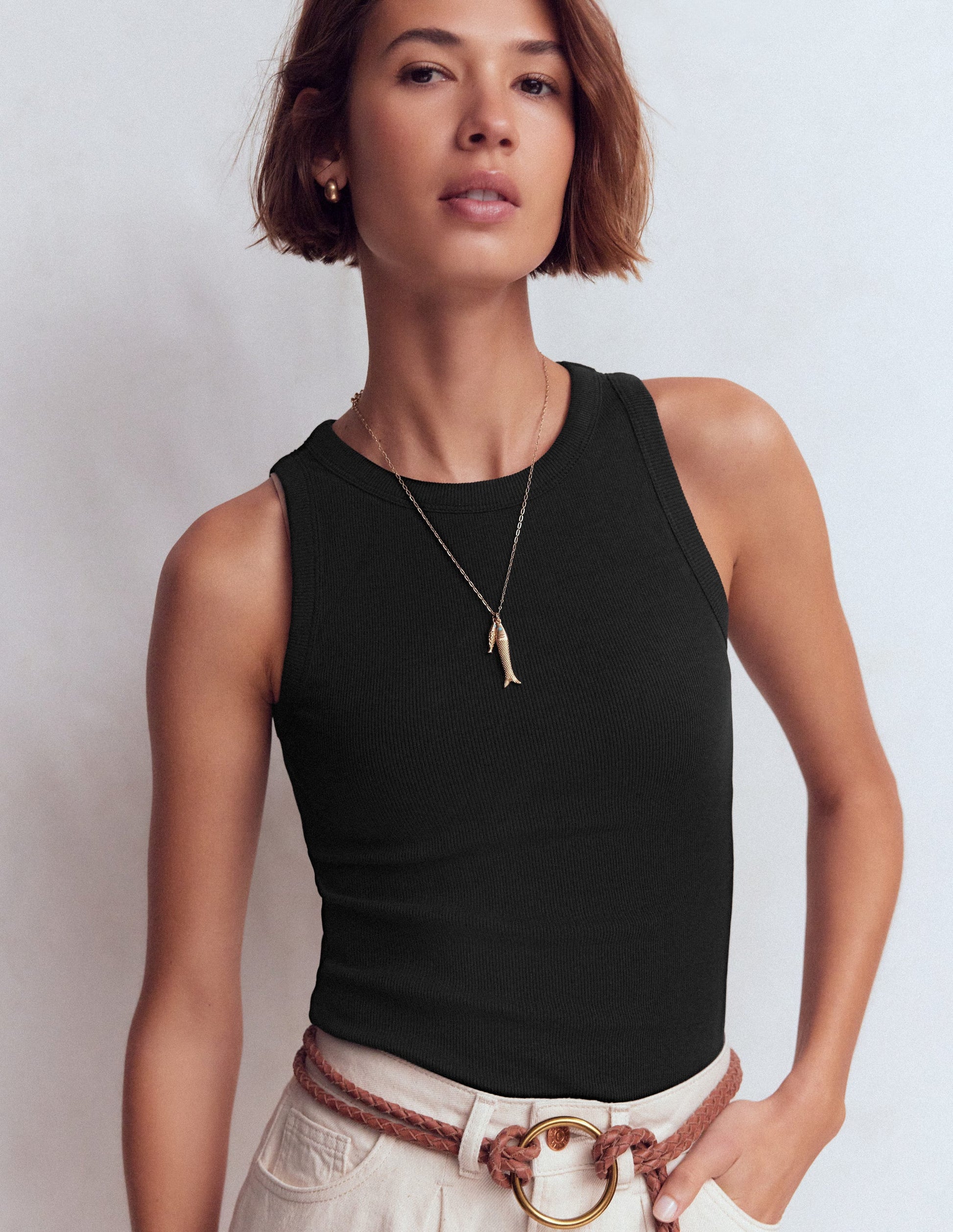 Ribbed Cotton Vest-Black-1