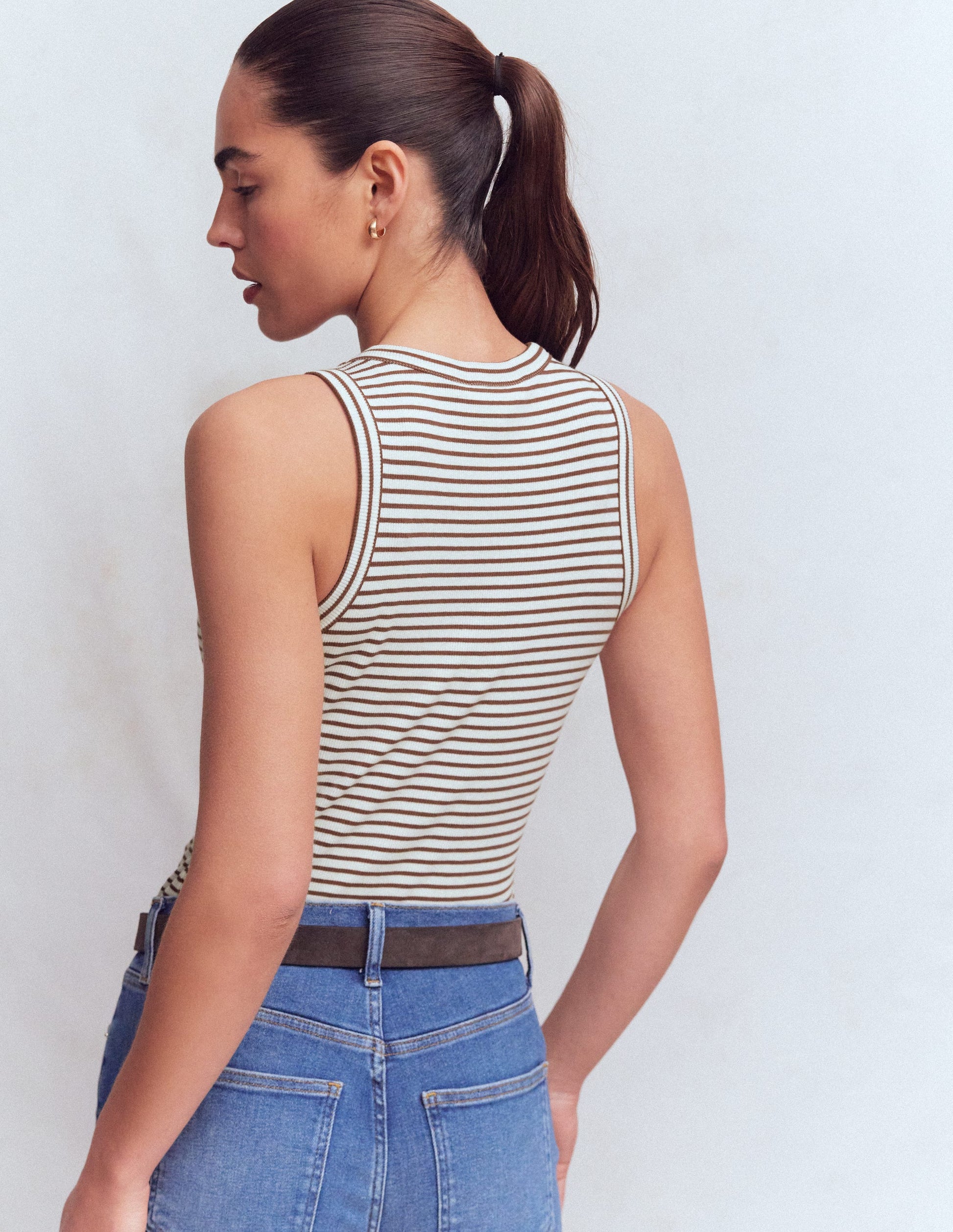 Ribbed Cotton Vest-Ivory & Brown Stripe-3