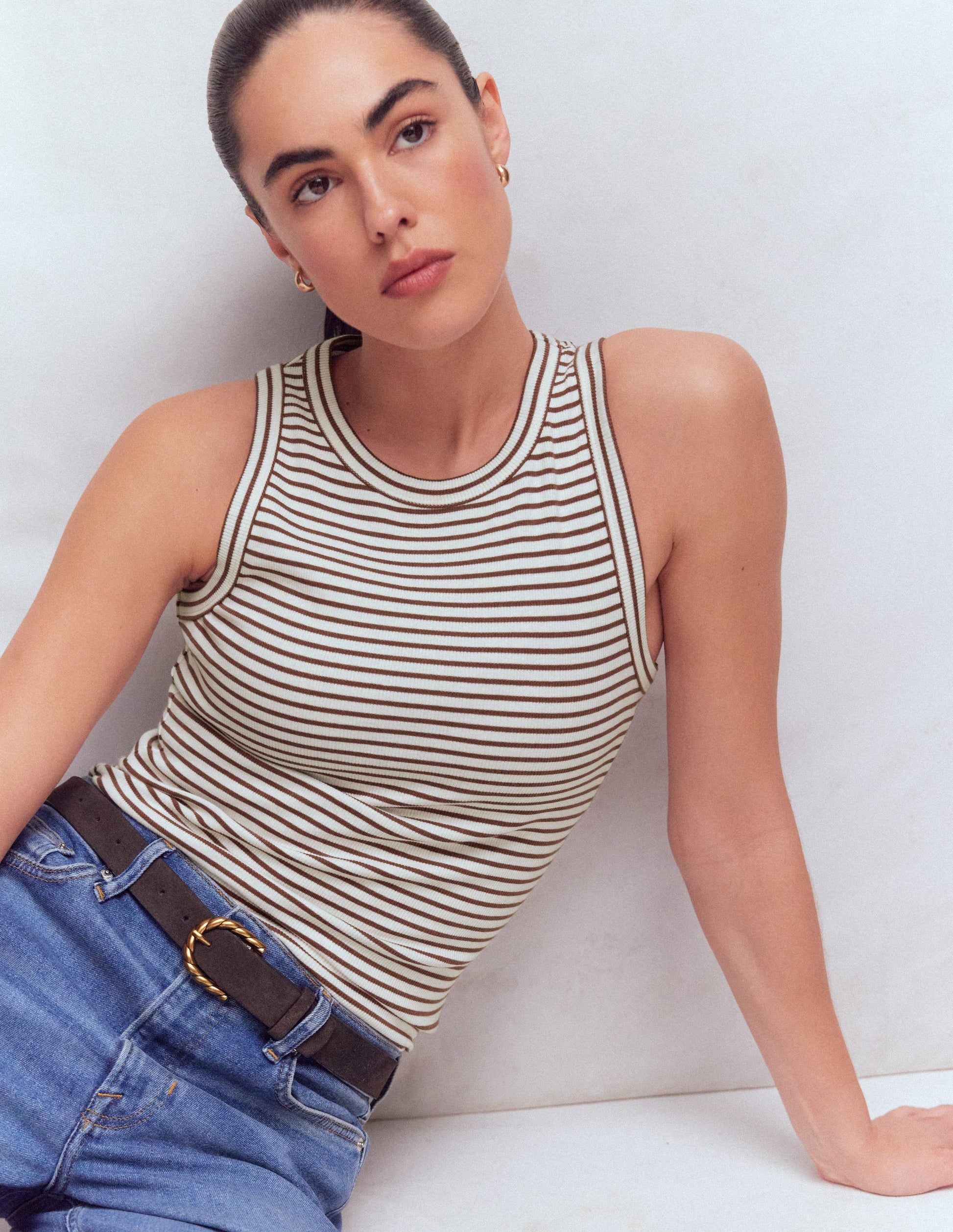 Ribbed Cotton Vest-Ivory & Brown Stripe-5