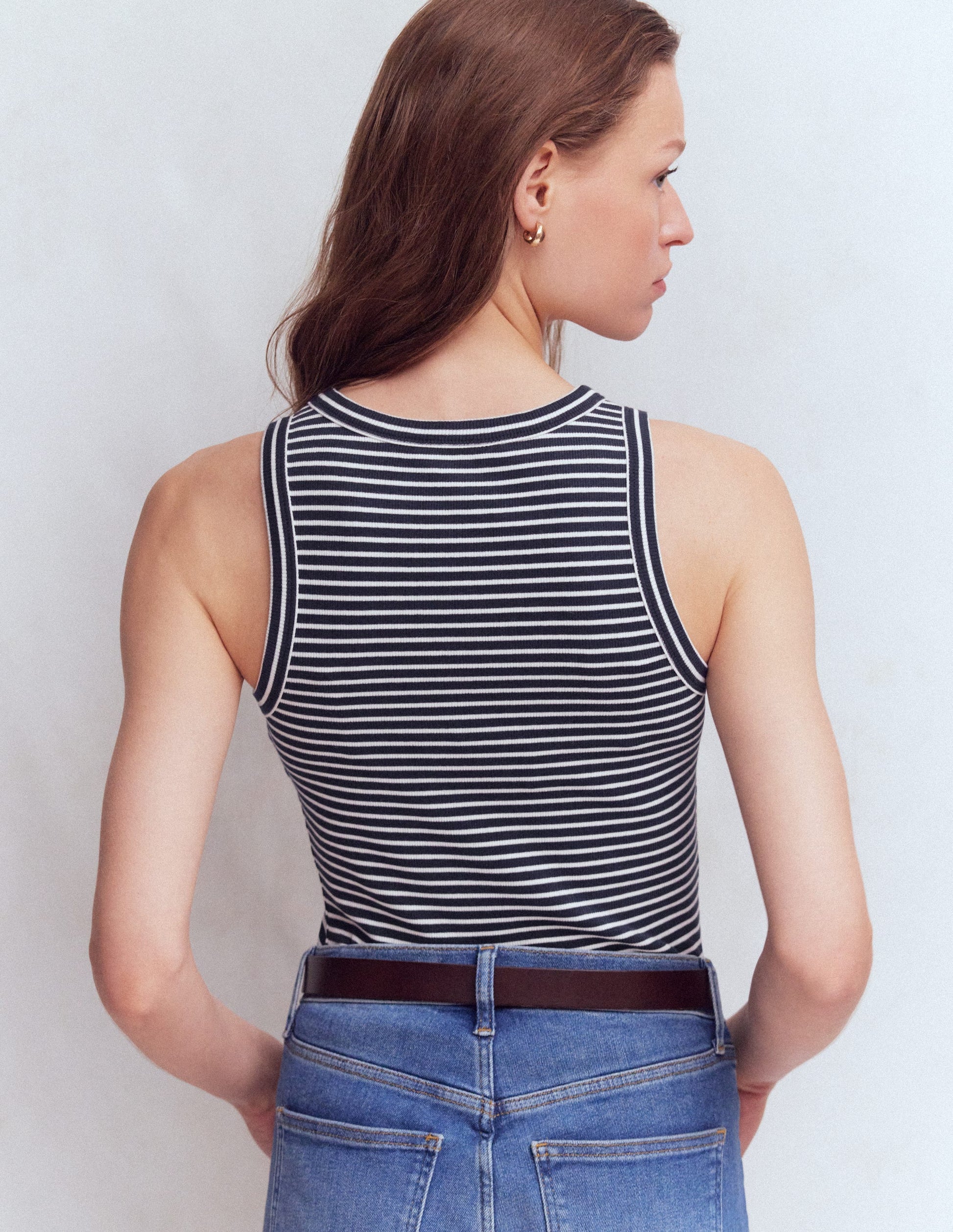 Ribbed Cotton Vest-Navy & Ivory Stripe-3