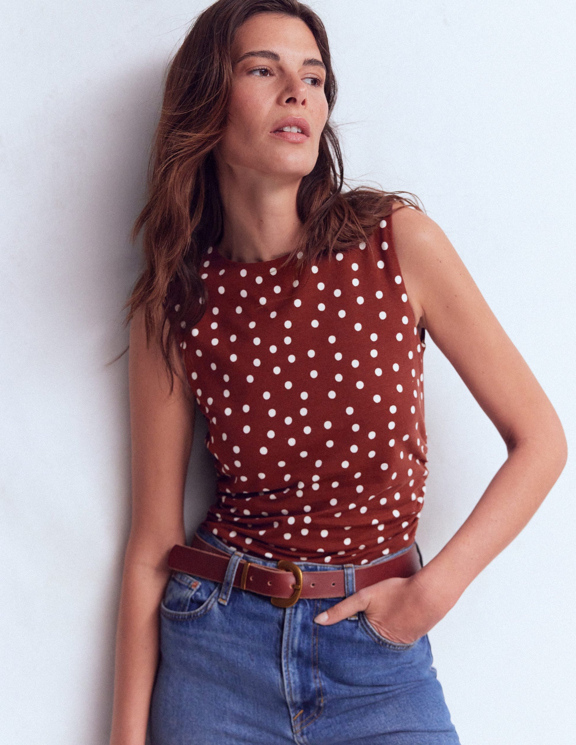 Tia Sleeveless Ruch Jersey Top-Bitter Chocolate & Ivory Spot-1