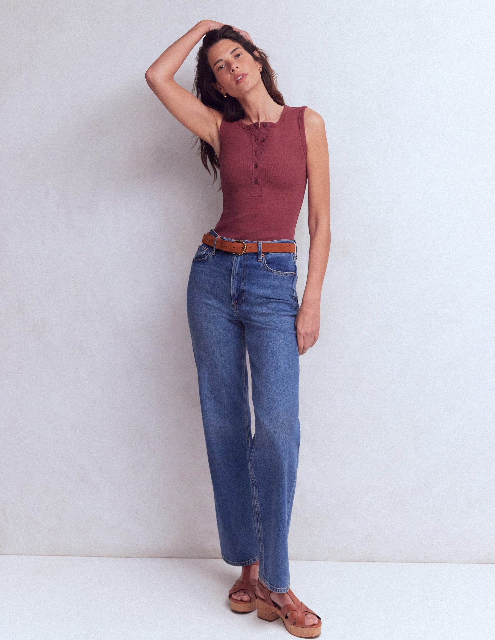 Crew Neck Henley Vest-Maroon-4