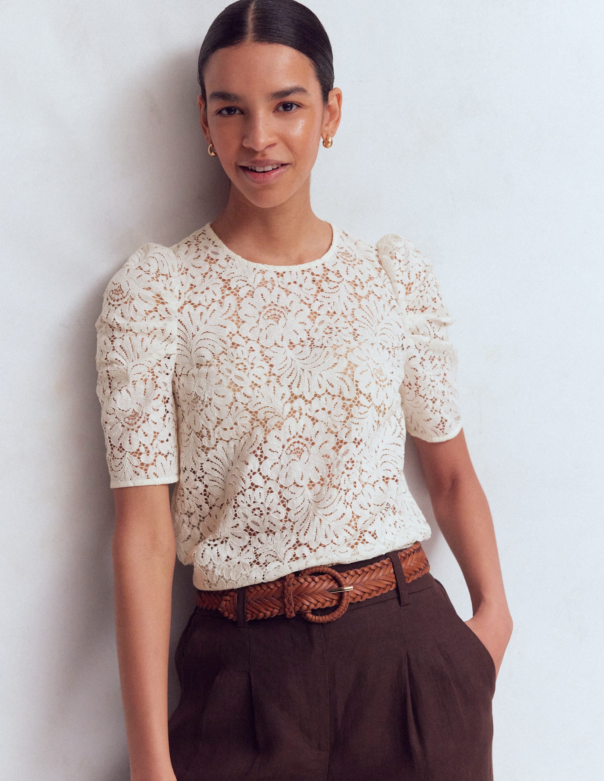 Pleat Sleeve Lace T-shirt-Ivory - Image 1
