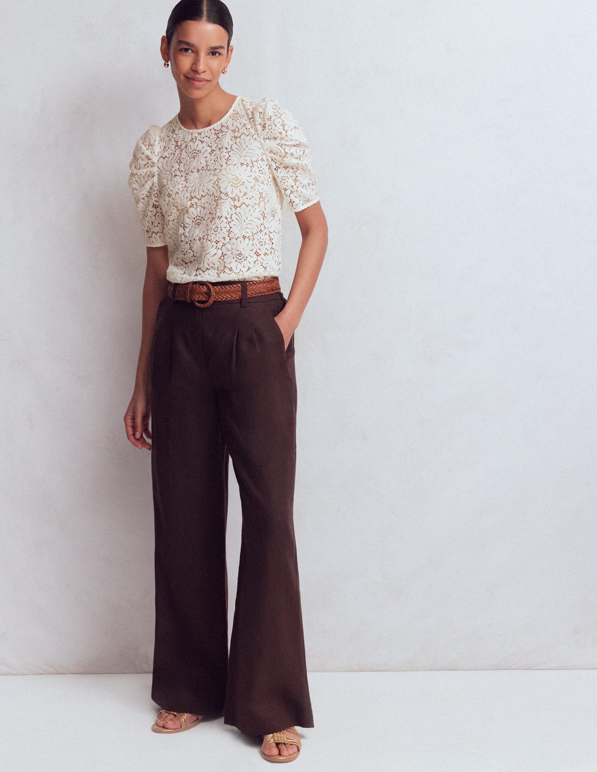 Pleat Sleeve Lace T-shirt-Ivory-4