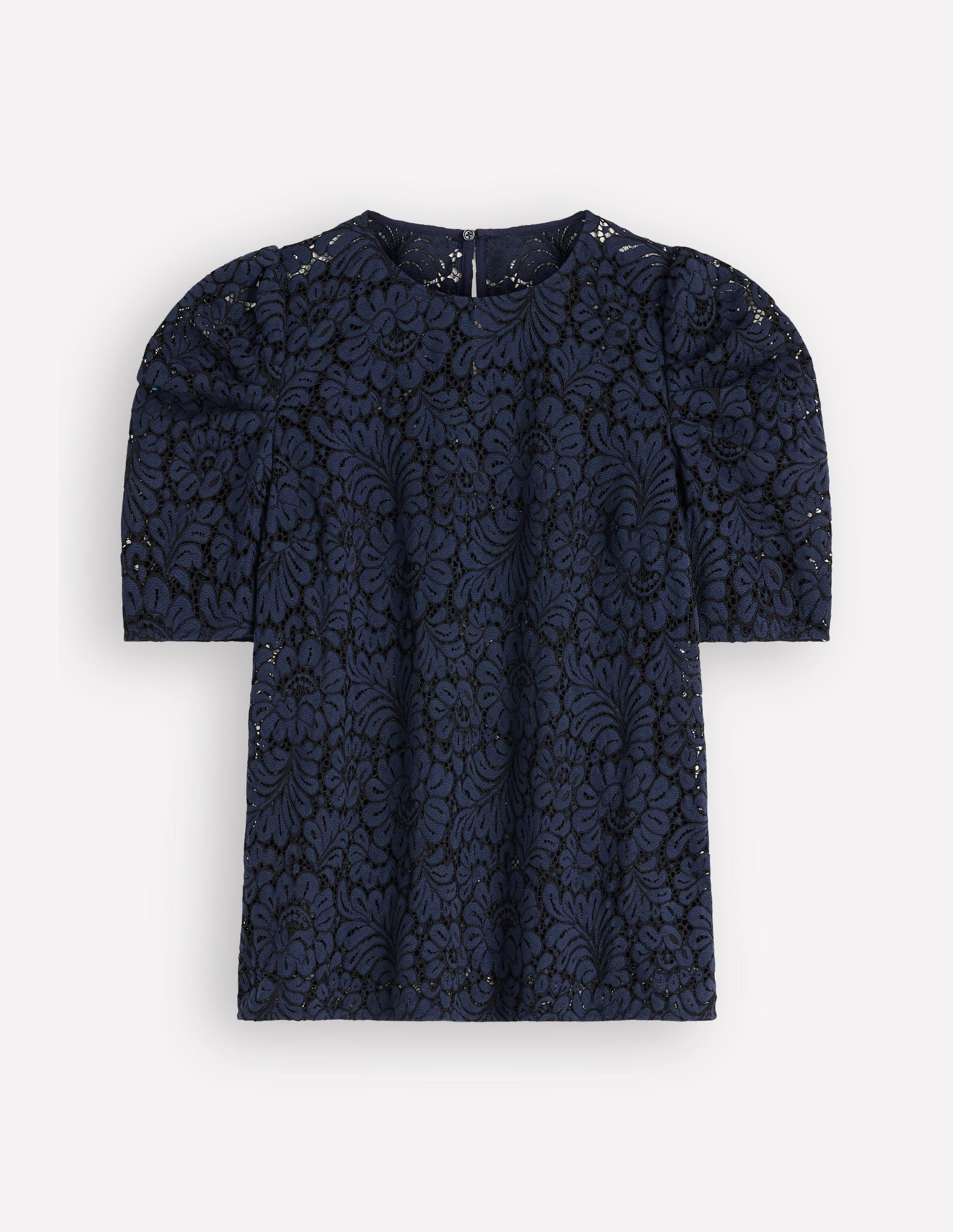 Pleat Sleeve Lace T-shirt-Navy-5