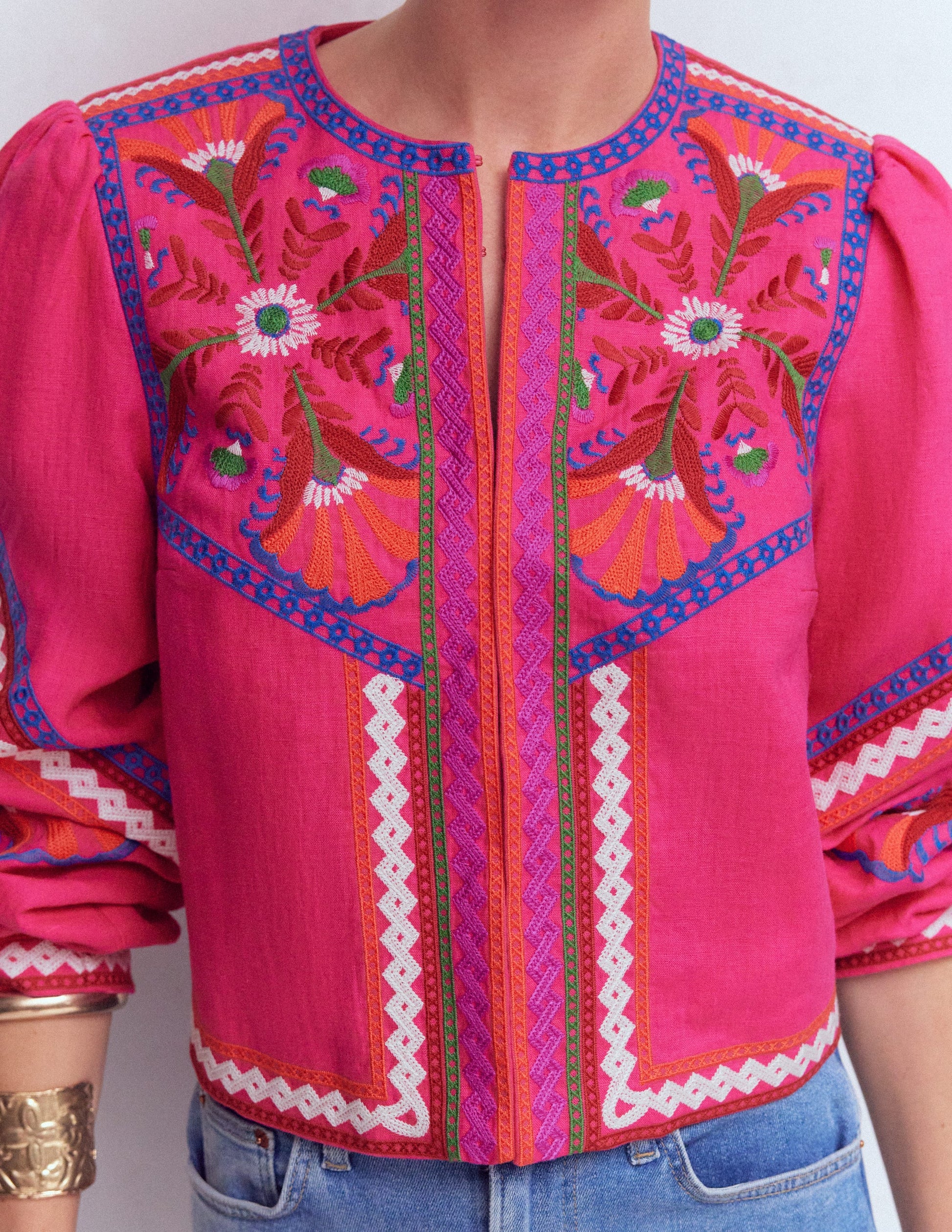 Embroidered Linen Jacket-Pink Peony, Embroidered-3