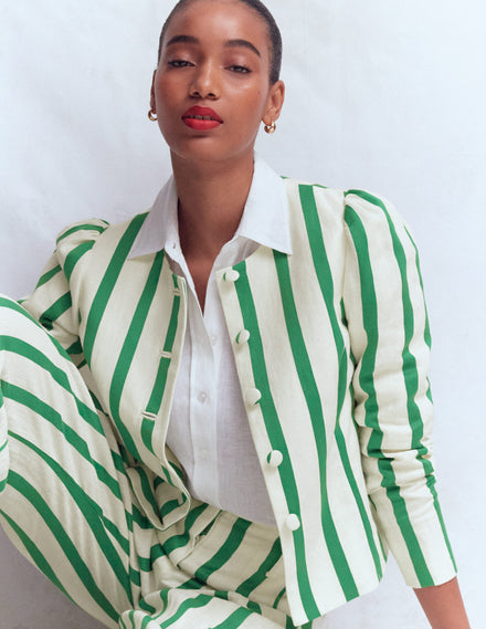 Salisbury Puff Sleeve Jacket-Ivory, Fresh Green Stripe