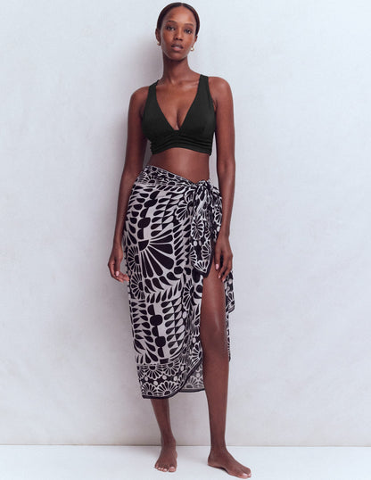 Printed Sarong Scarf-Black, Geo Stamp-1
