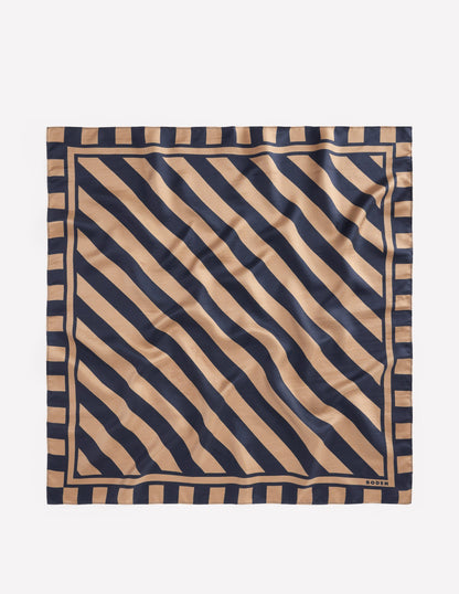 Silk Square Scarf-Navy and Camel Stripe-4