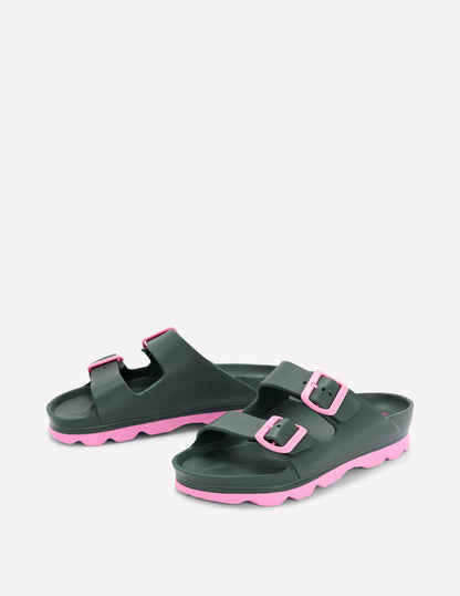 Lyla Double Buckle Sliders-Khaki/Pink-4