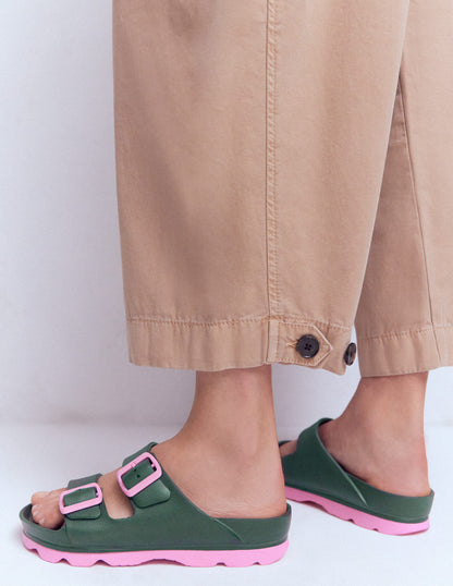 Lyla Double Buckle Sliders-Khaki/Pink-2
