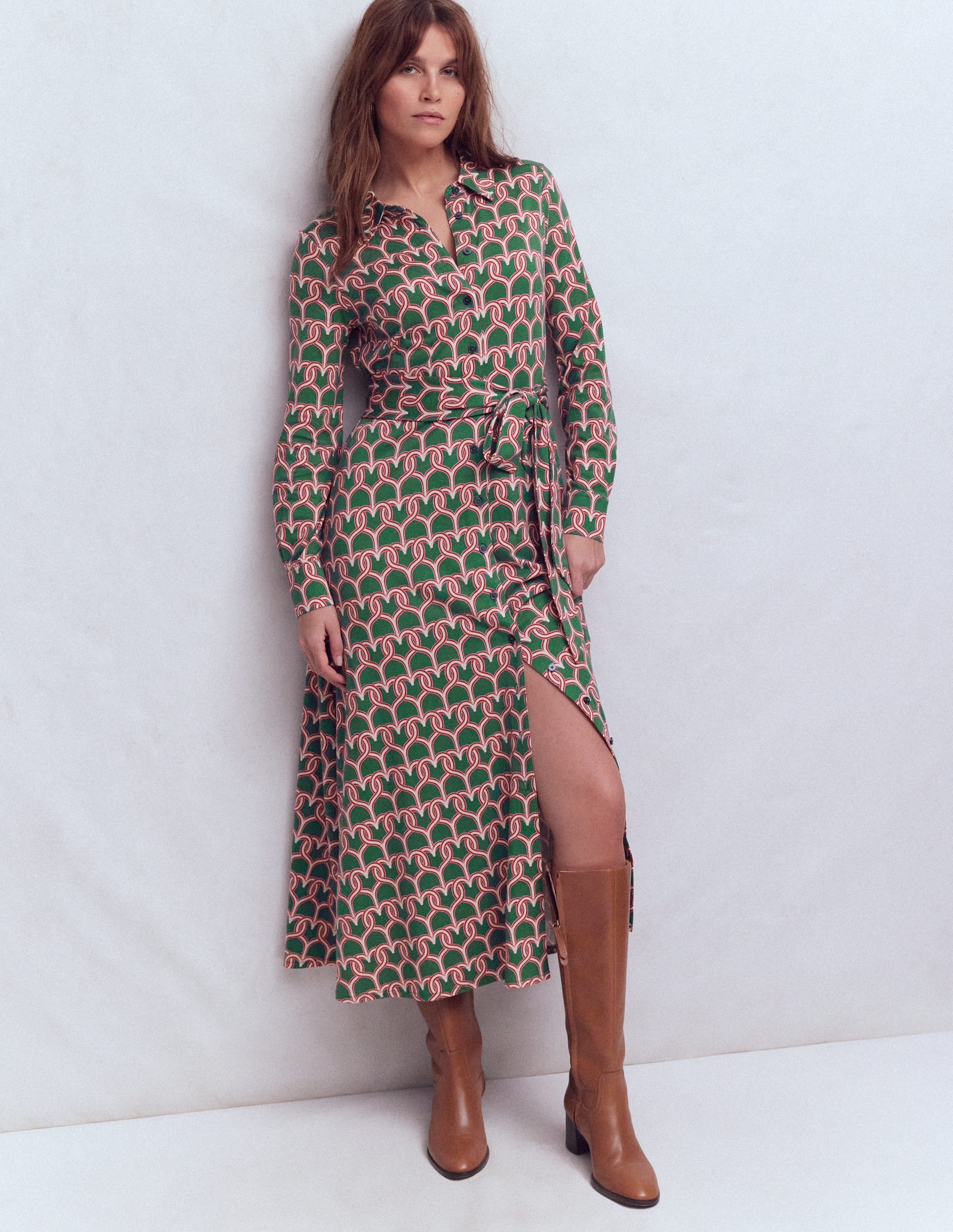 Marcia Jersey Shirt Dress-Hunter Green, Heart Link - Image 1