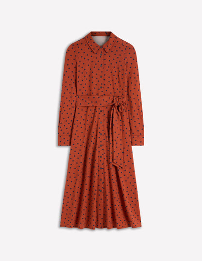 Marcia Jersey Shirt Dress-Burnt Orange, Navy Spot-5