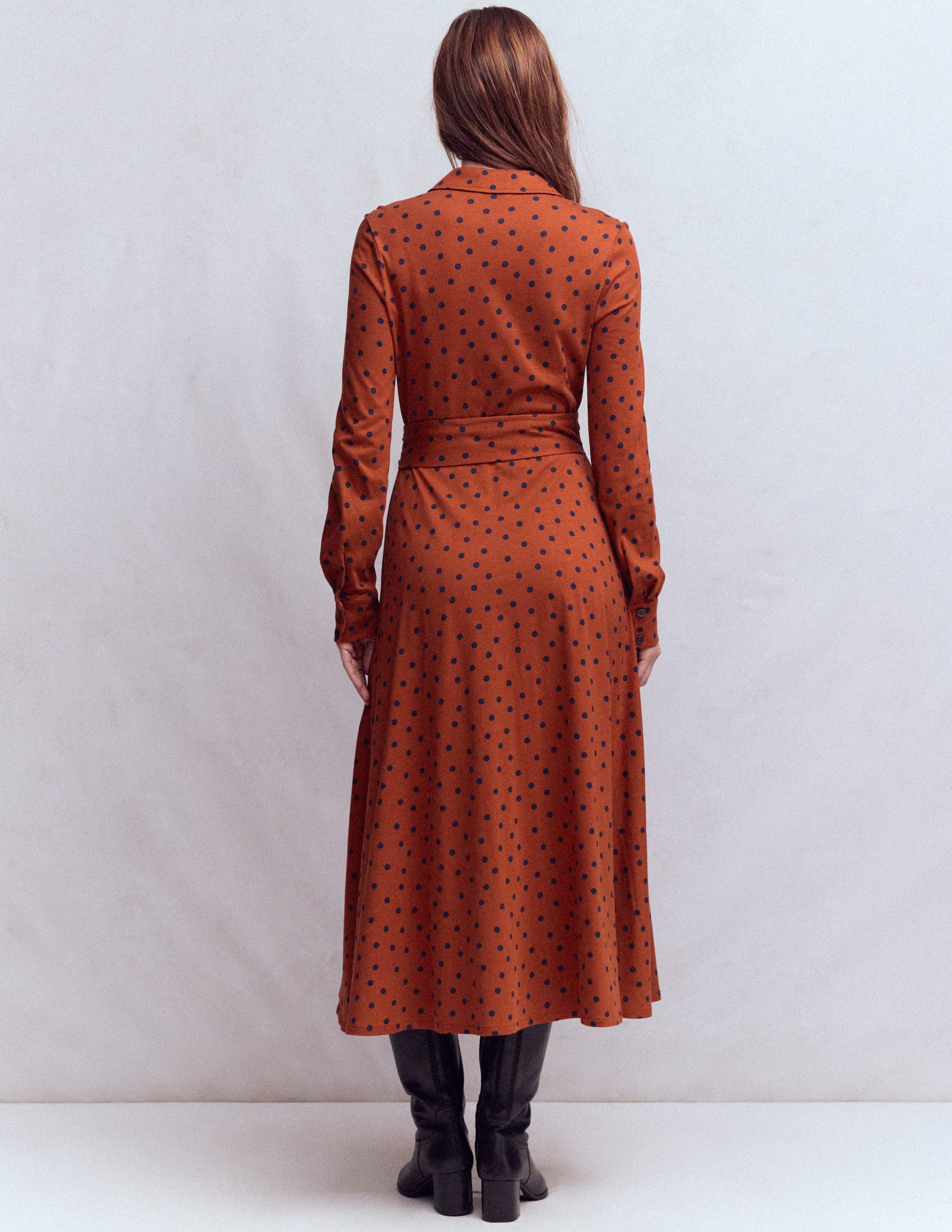 Marcia Jersey Shirt Dress-Burnt Orange, Navy Spot-3