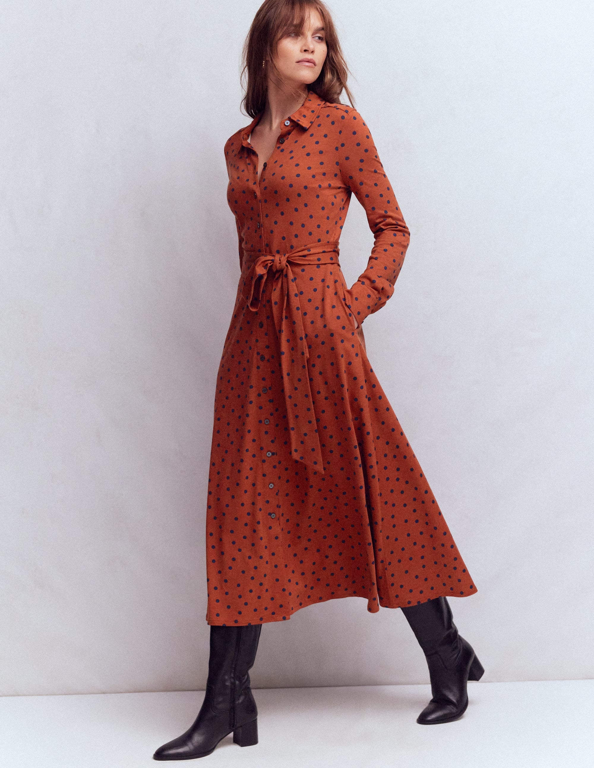 Marcia Jersey Shirt Dress-Burnt Orange, Navy Spot - Image 4