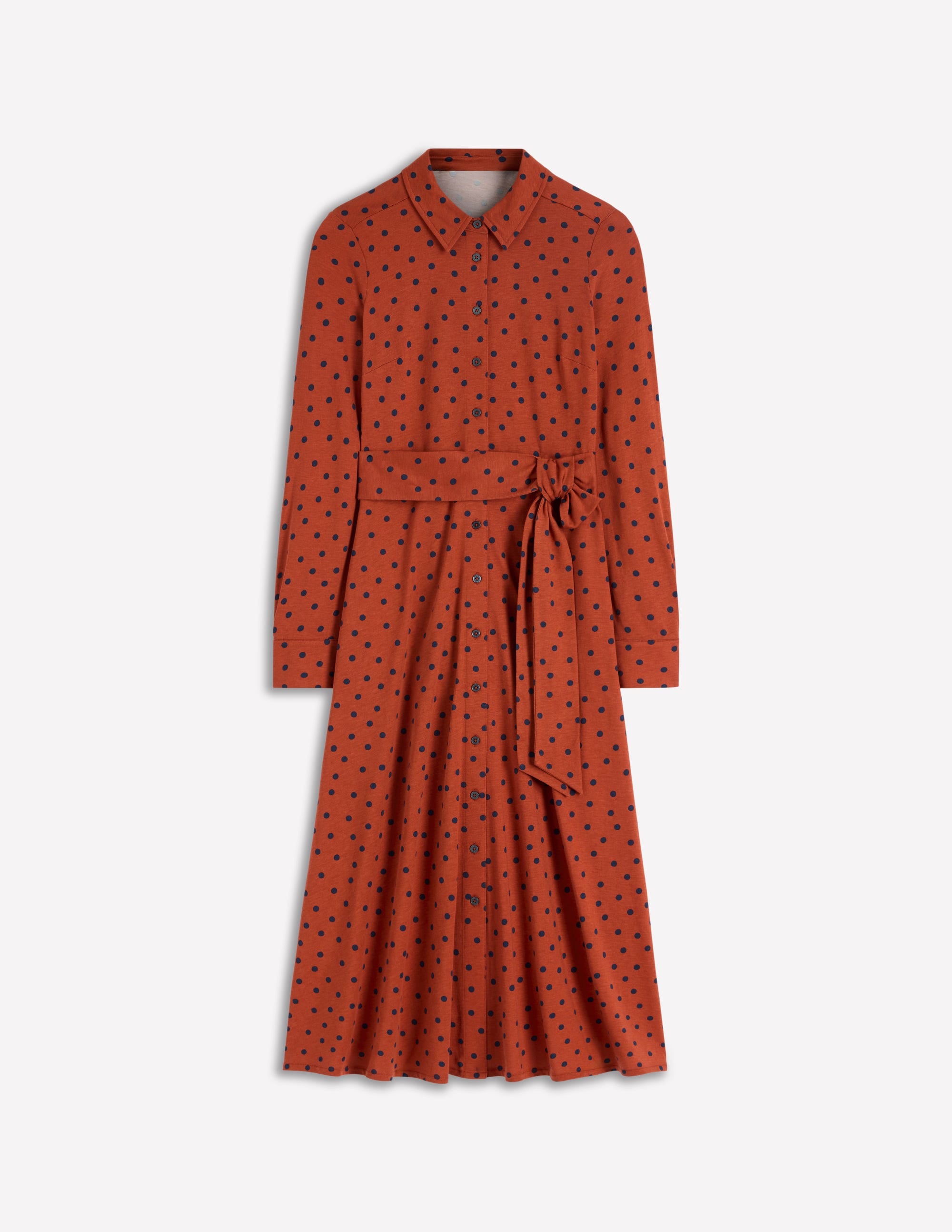 Marcia Jersey Shirt Dress-Burnt Orange, Navy Spot - Image 5