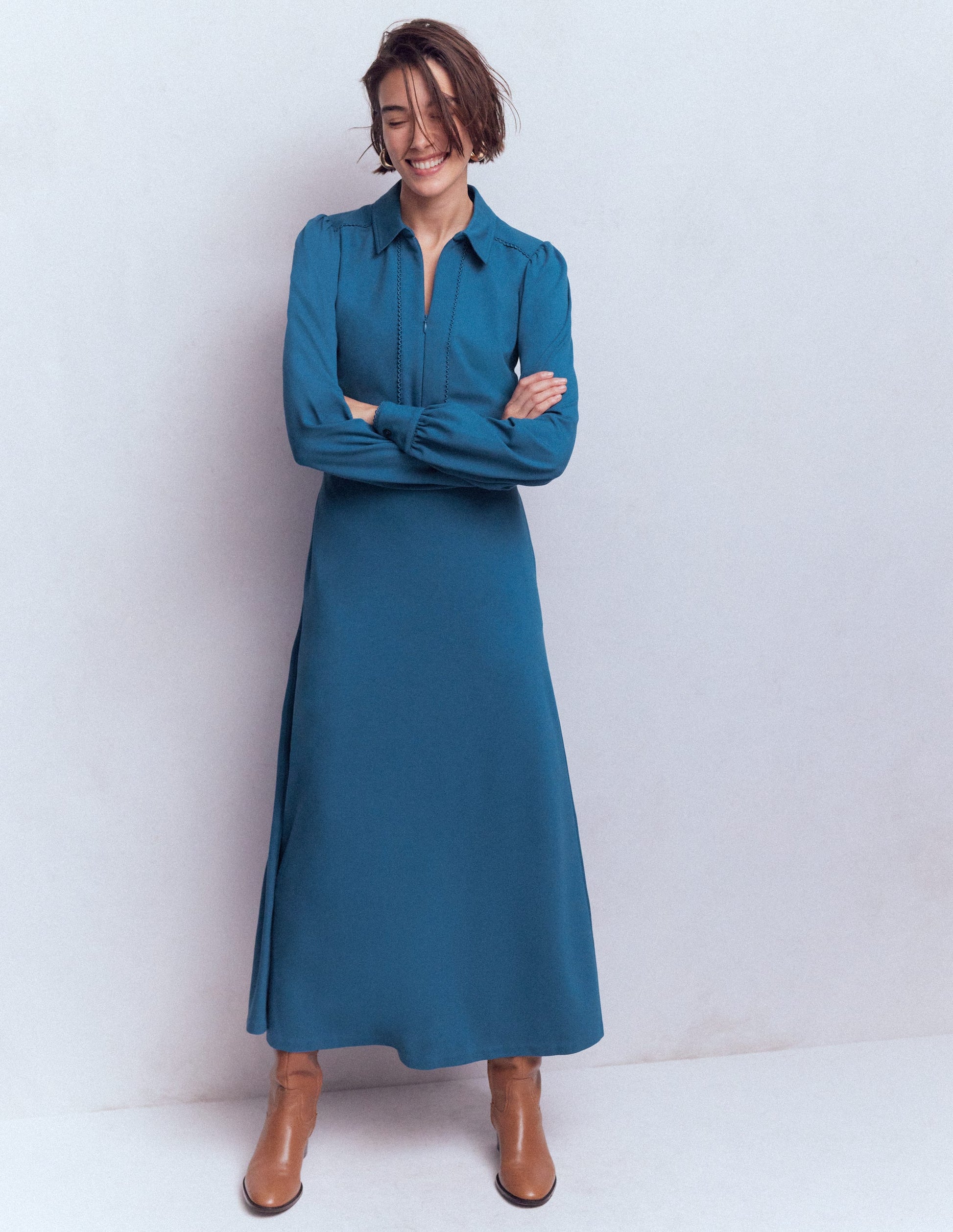 Pip Zip-Up Ponte Midi Dress-Tourmaline Blue-3