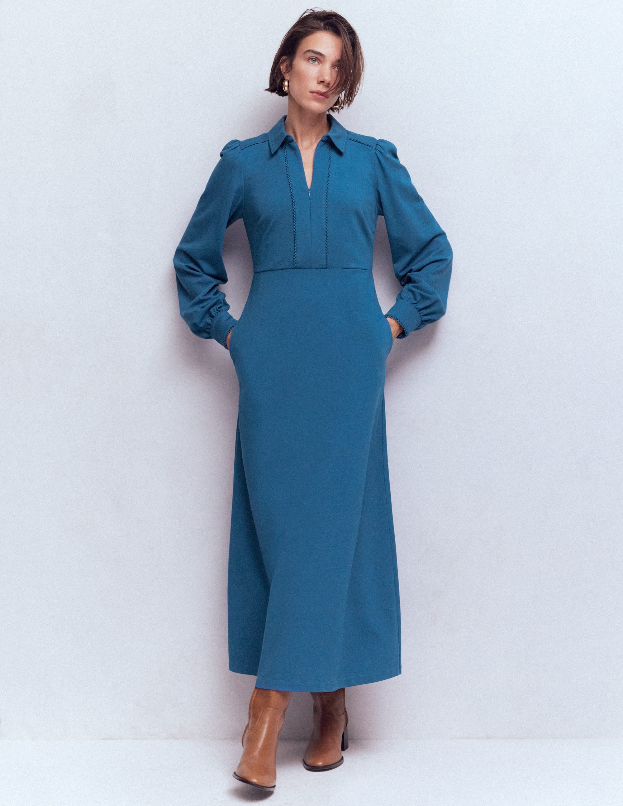 Pip Zip-Up Ponte Midi Dress-Tourmaline Blue - Image 1