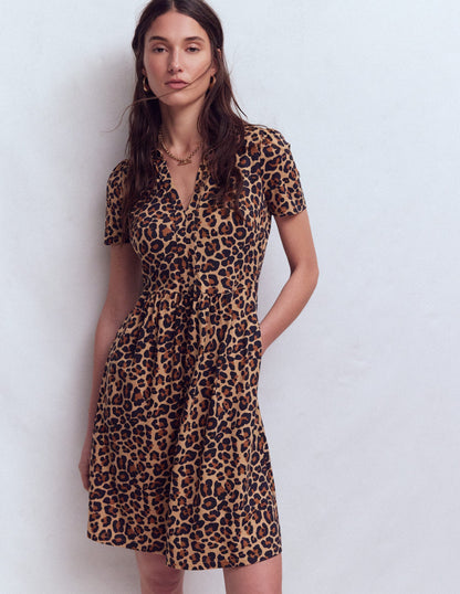 Naomi Short Jersey Dress-Camel, Cheetah Pop-1