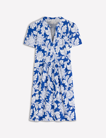 Naomi Short Jersey Dress-Blue, Botanical Flourish Mono-5