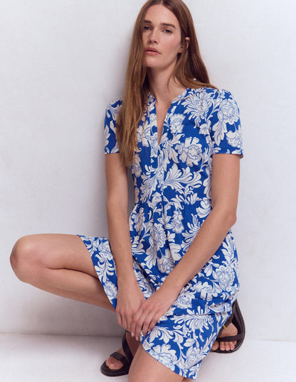 Naomi Short Jersey Dress-Blue, Botanical Flourish Mono-1
