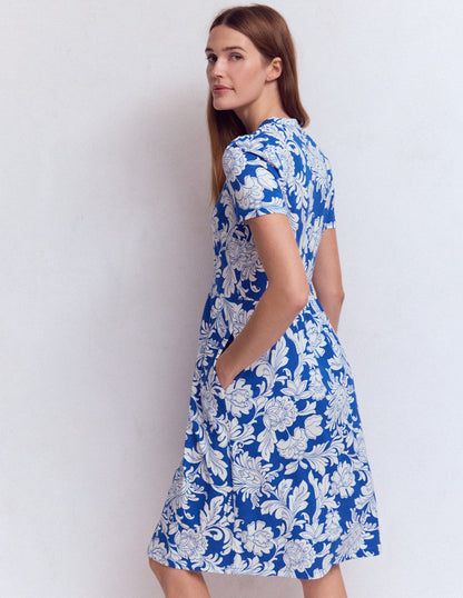 Naomi Short Jersey Dress-Blue, Botanical Flourish Mono-3