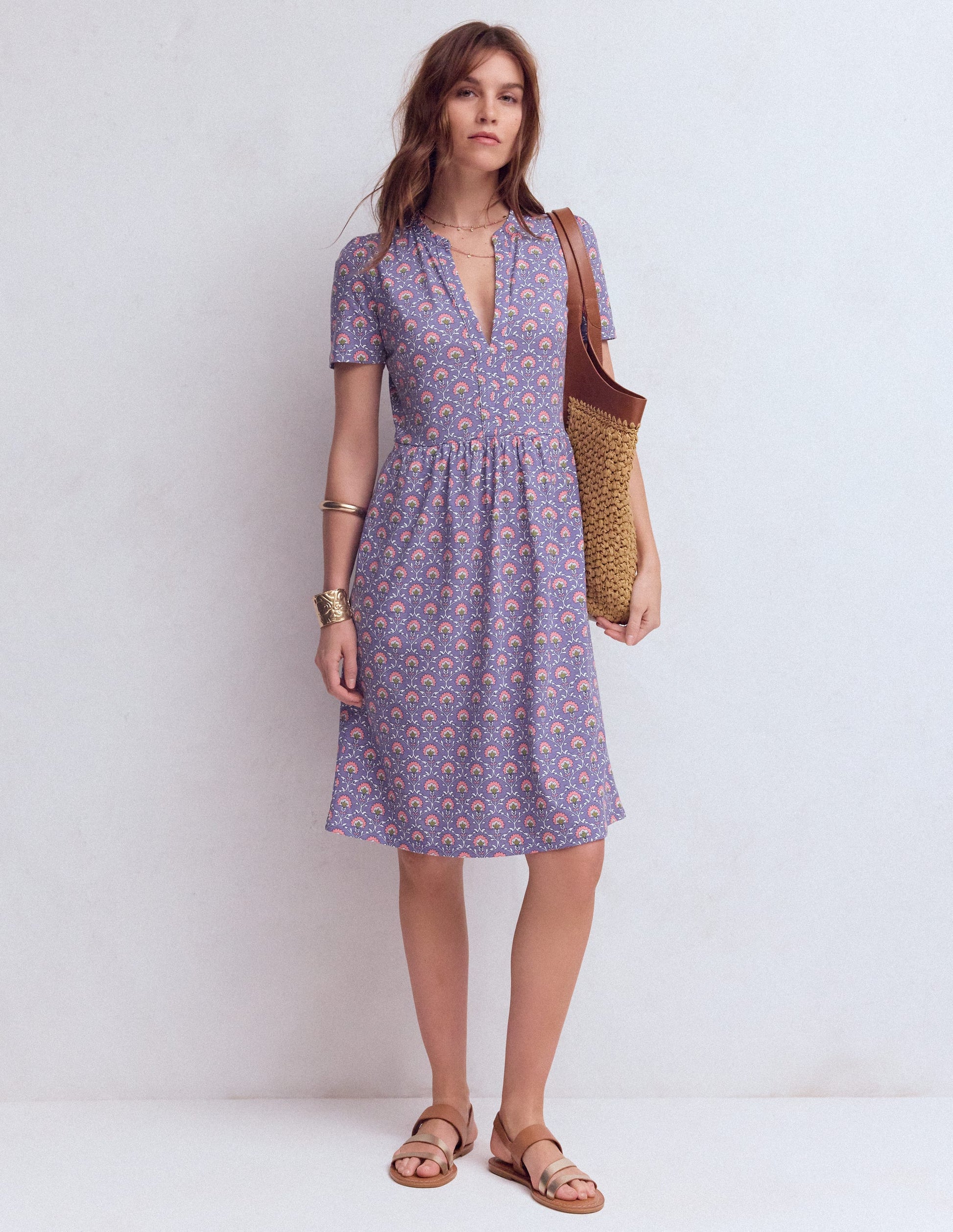 Naomi Short Jersey Dress-Purple Thistle, Flower Lattice-1