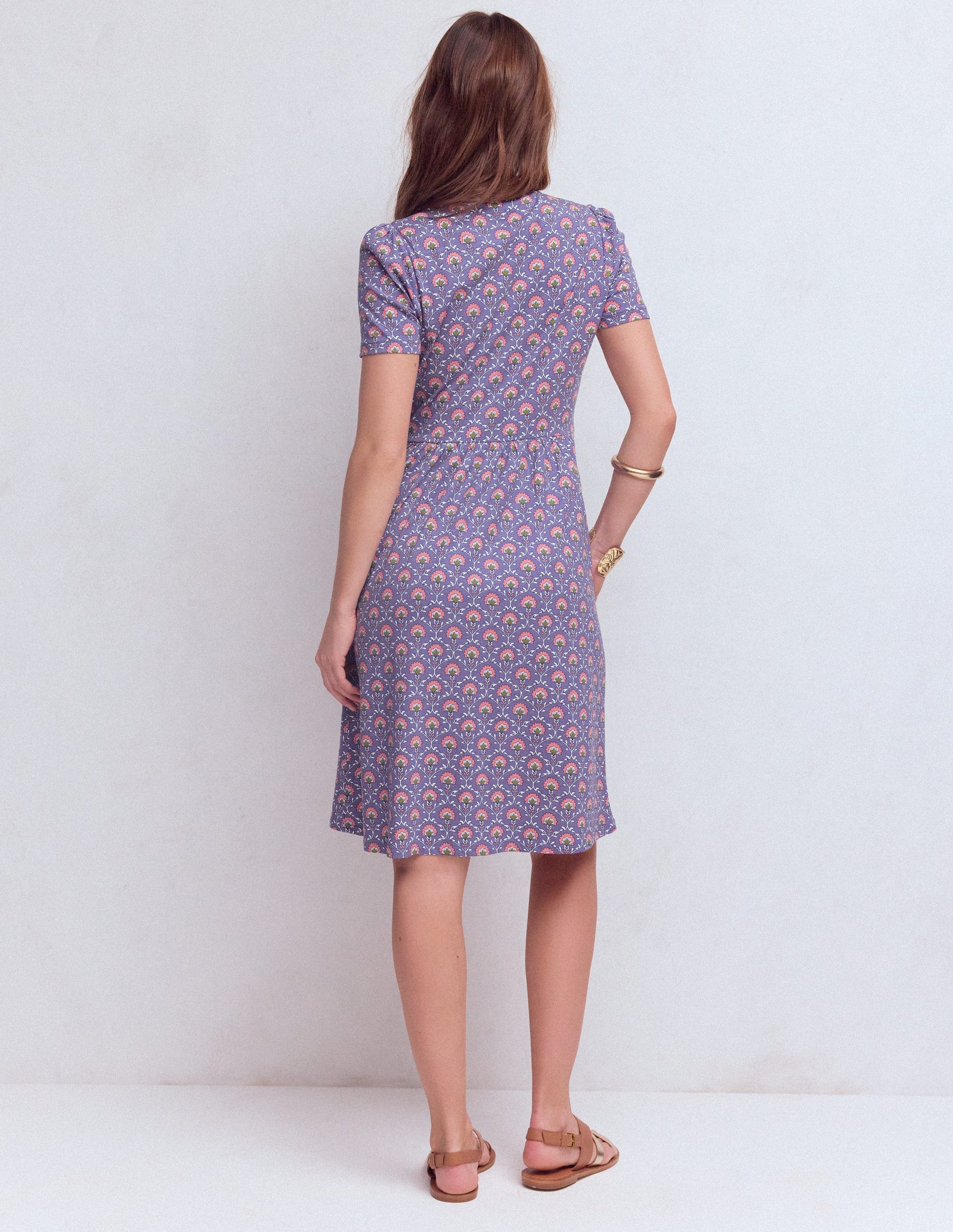 Naomi Short Jersey Dress-Purple Thistle, Flower Lattice-3