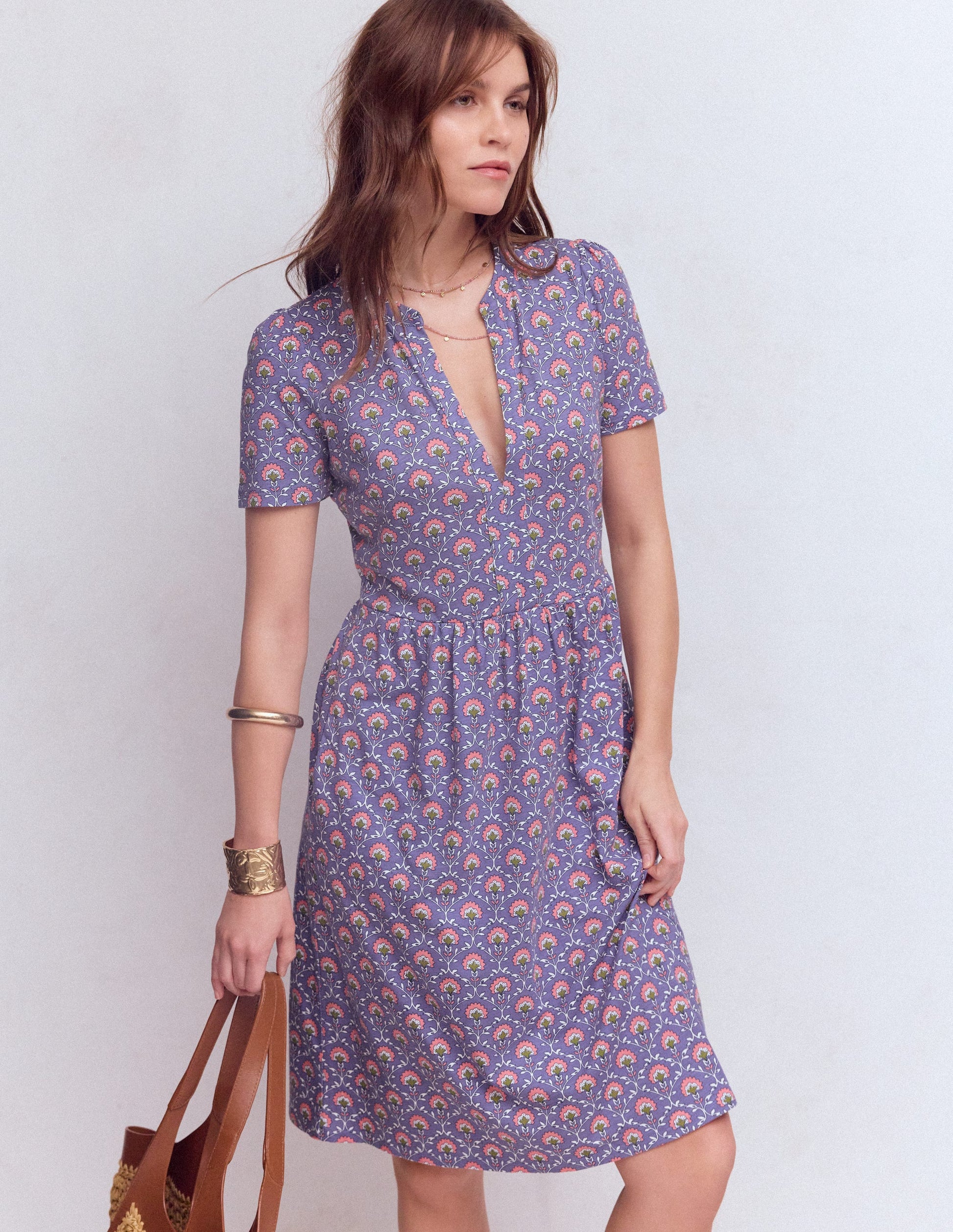 Naomi Short Jersey Dress-Purple Thistle, Flower Lattice-4