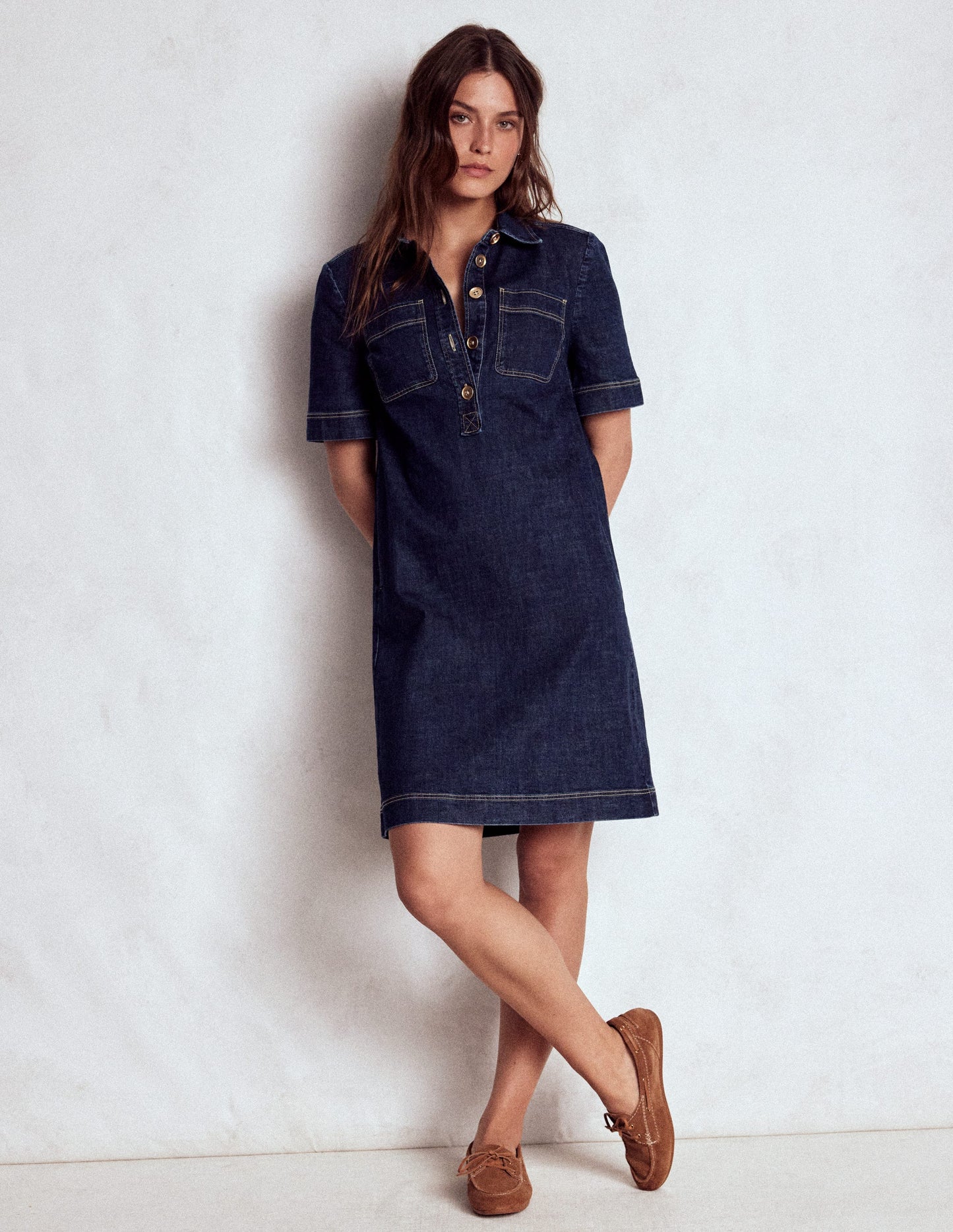 Zia Denim Pocket Shift Dress-Dark Indigo