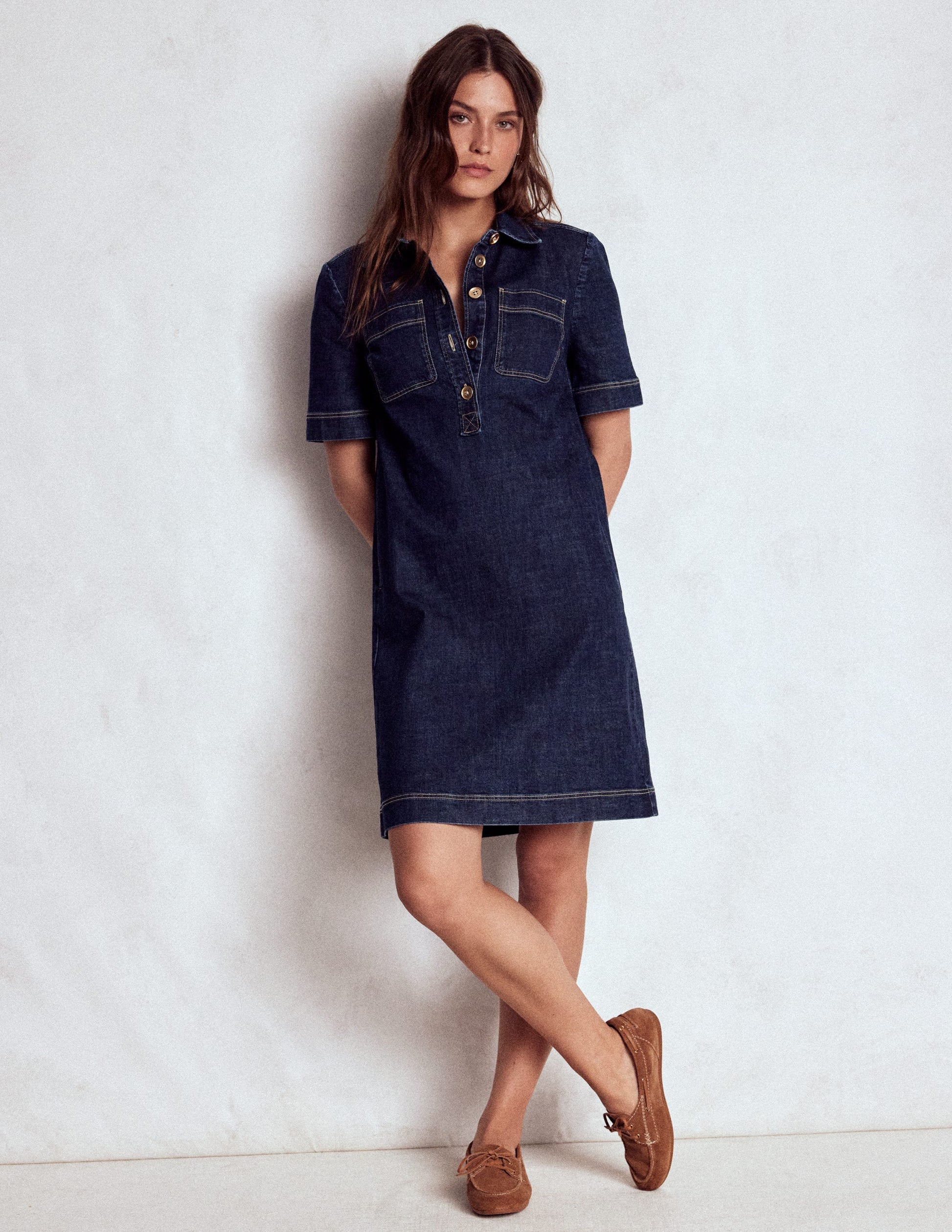 Zia Denim Pocket Shift Dress-Dark Indigo-4