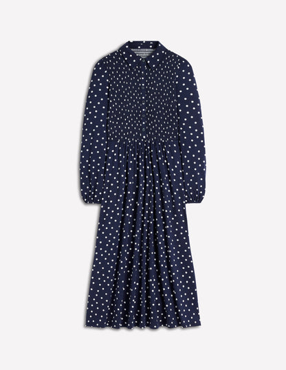 Smocked Jersey Shirt Dress-Navy Spot-7