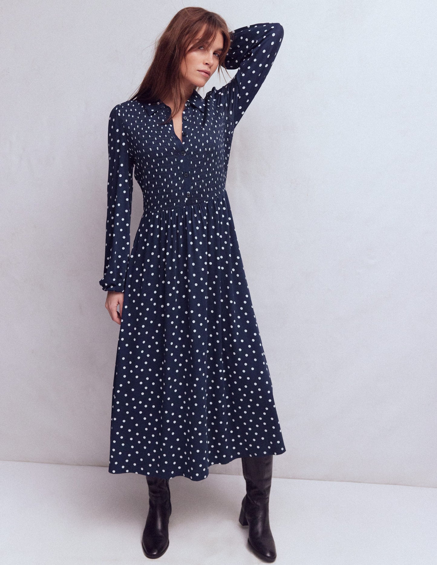 Smocked Jersey Shirt Dress-Navy Spot