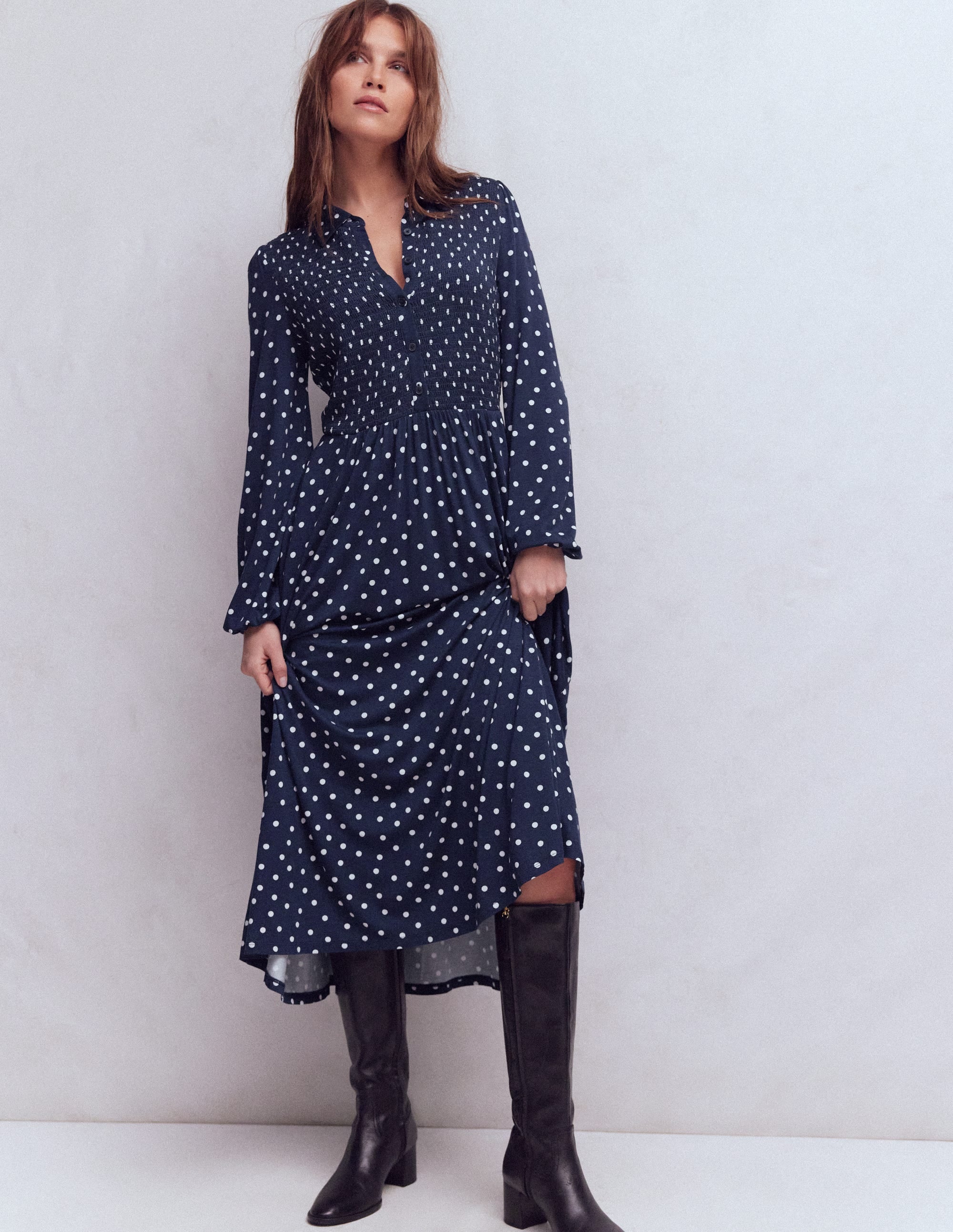 Smocked Jersey Dress-French Navy, Painted Dot - Image 4