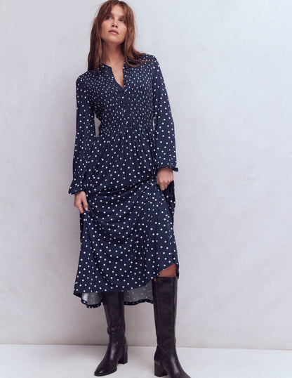 Smocked Jersey Shirt Dress-Navy Spot-5