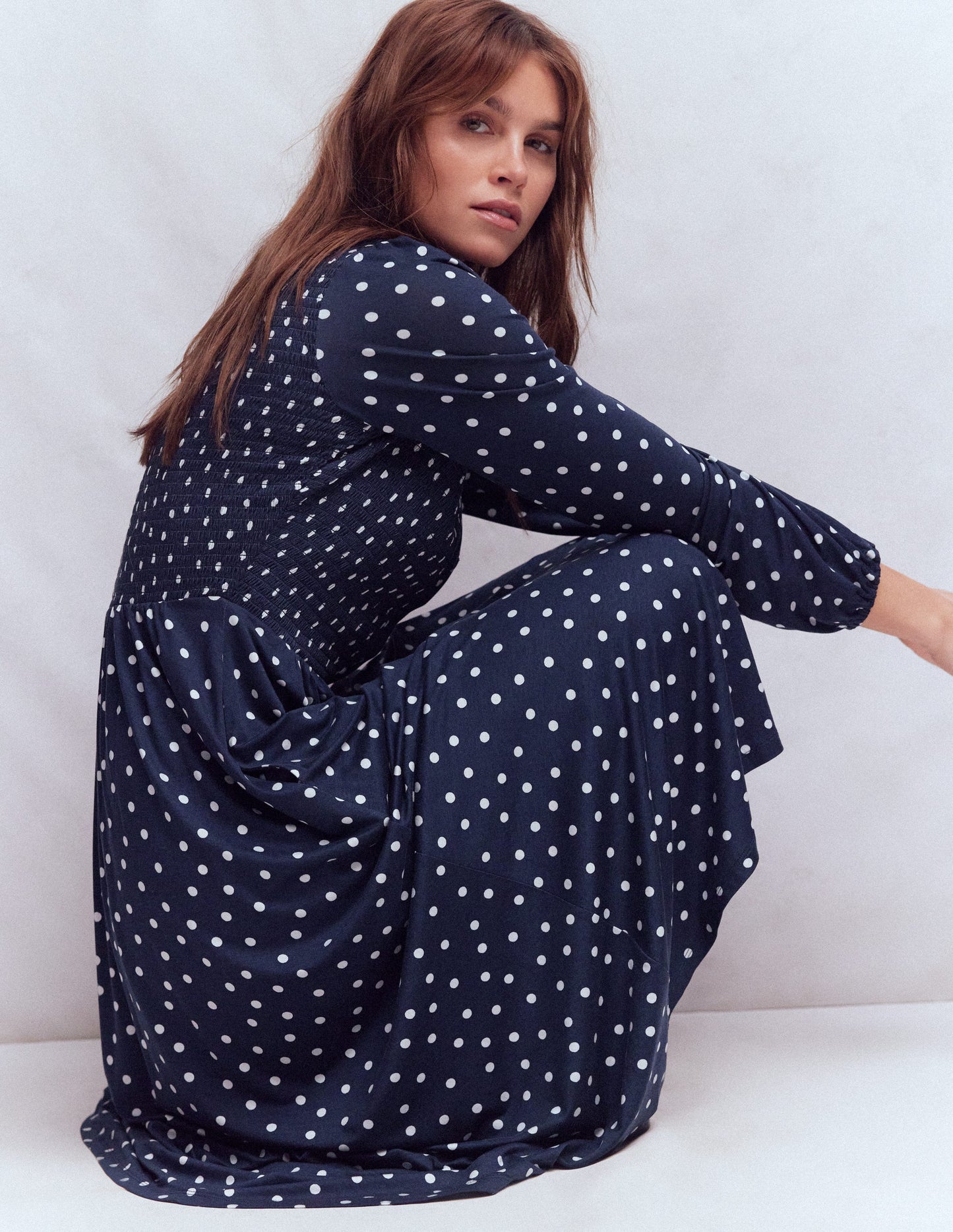 Smocked Jersey Shirt Dress-Navy Spot