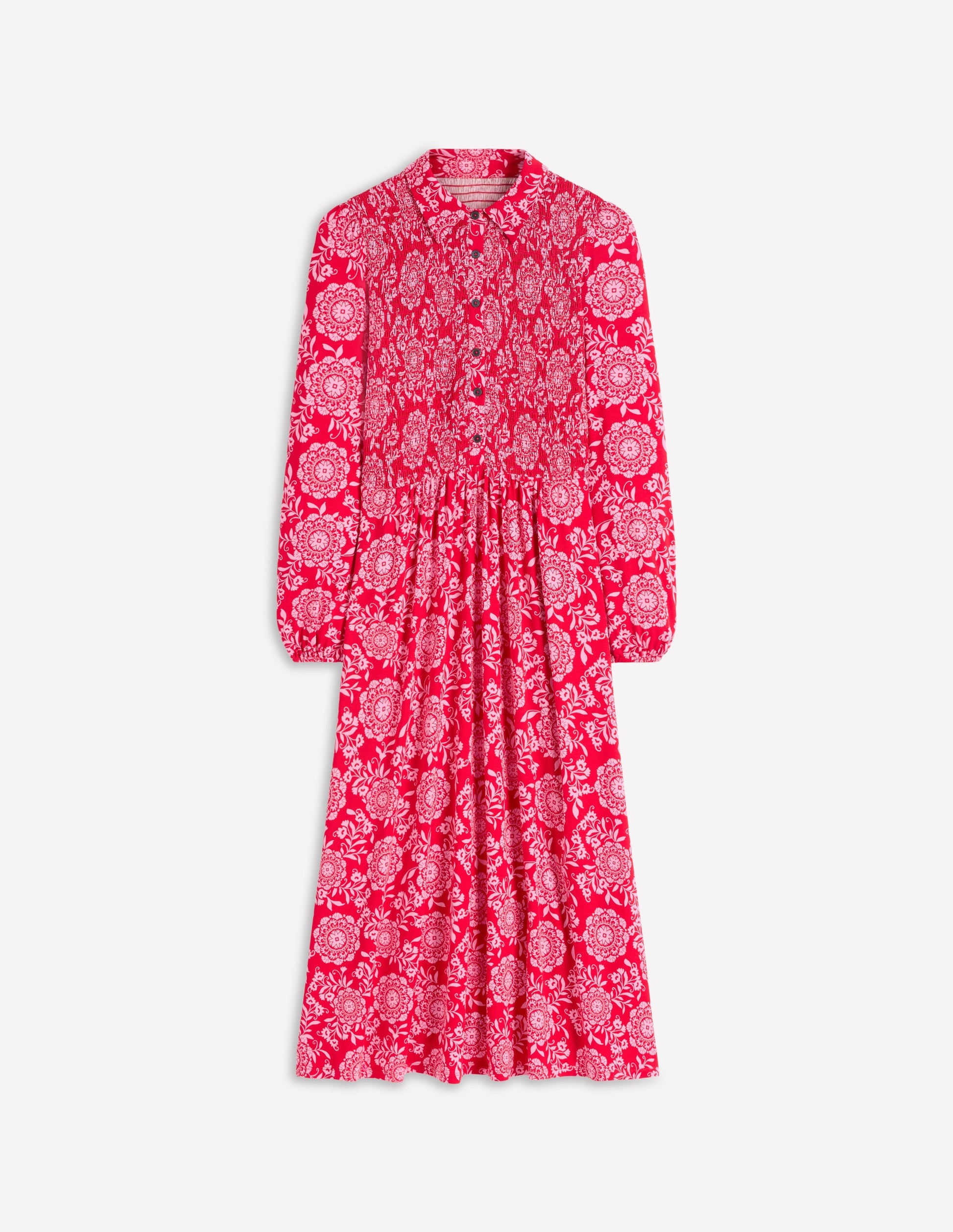 Smocked Jersey Shirt Dress-Merida Red, Decorative Blossom | Boden UK Smocked Jersey Shirt Dress-Merida Red, Decorative Blossom | Boden UK