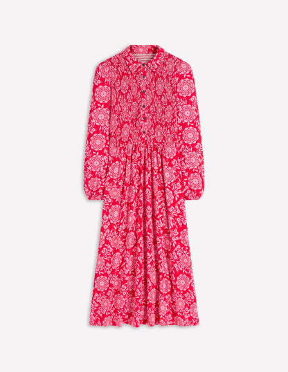 Smocked Jersey Shirt Dress-Merida Red, Decorative Blossom-7