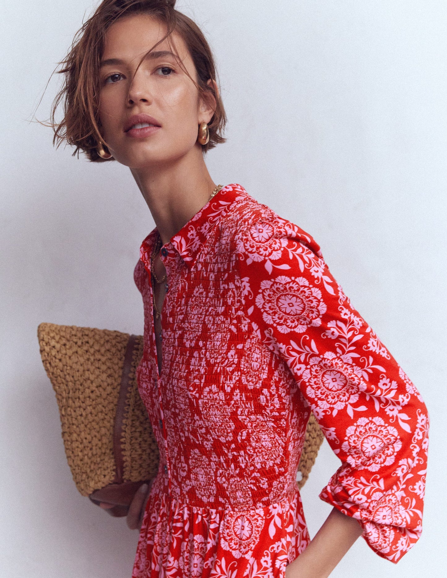 Smocked Jersey Shirt Dress-Merida Red, Decorative Blossom