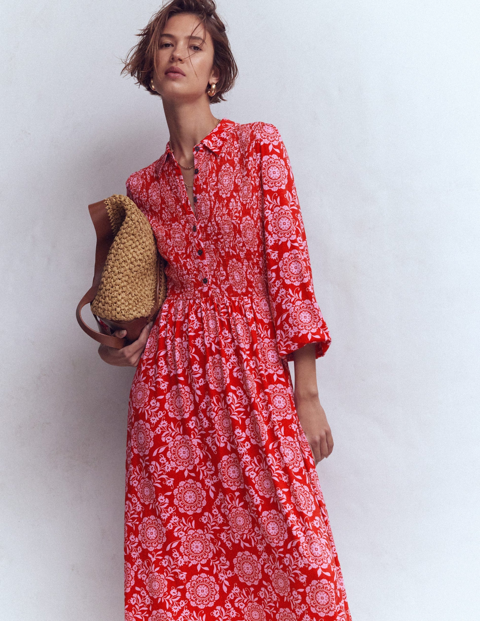 Smocked Jersey Shirt Dress-Merida Red, Decorative Blossom-6